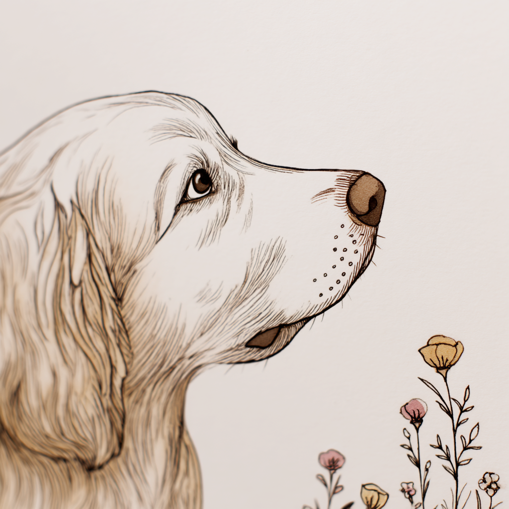 Golden Retriever Portrait Mit Blumen Kunstvoll Und Ruhig | Illustration und Zeichnung | Kunstgattungen