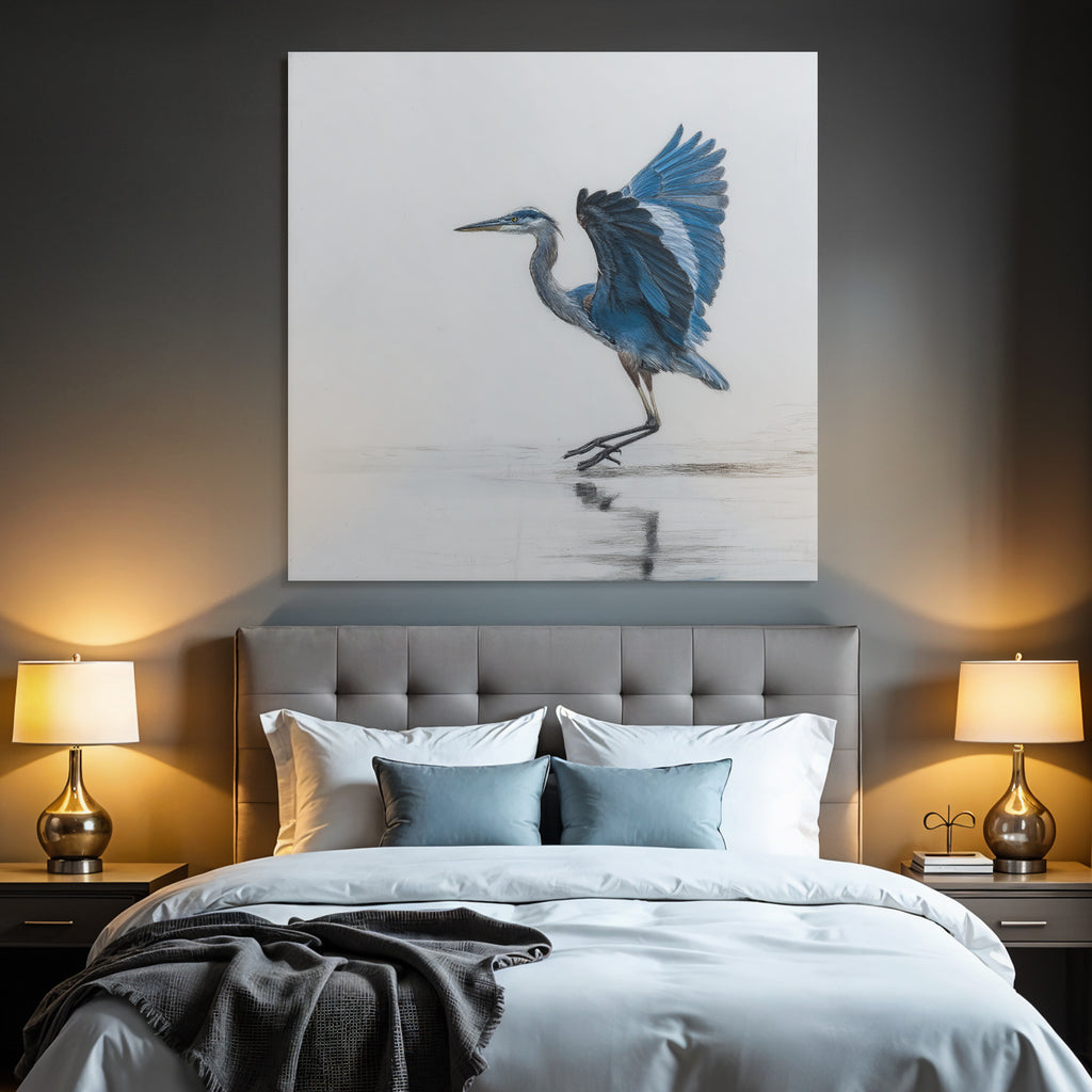 Heron In Graceful Pose Blü And Gray Background