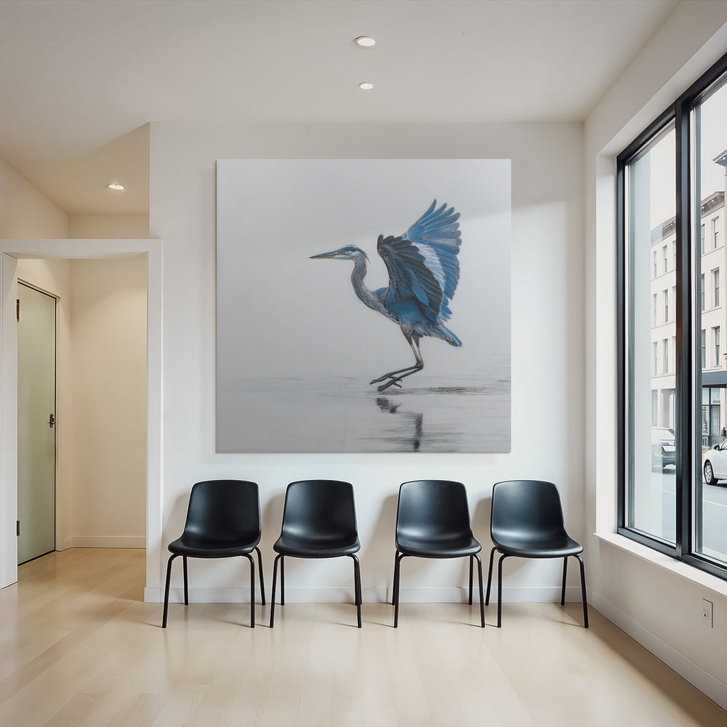 Heron In Graceful Pose Blü And Gray Background