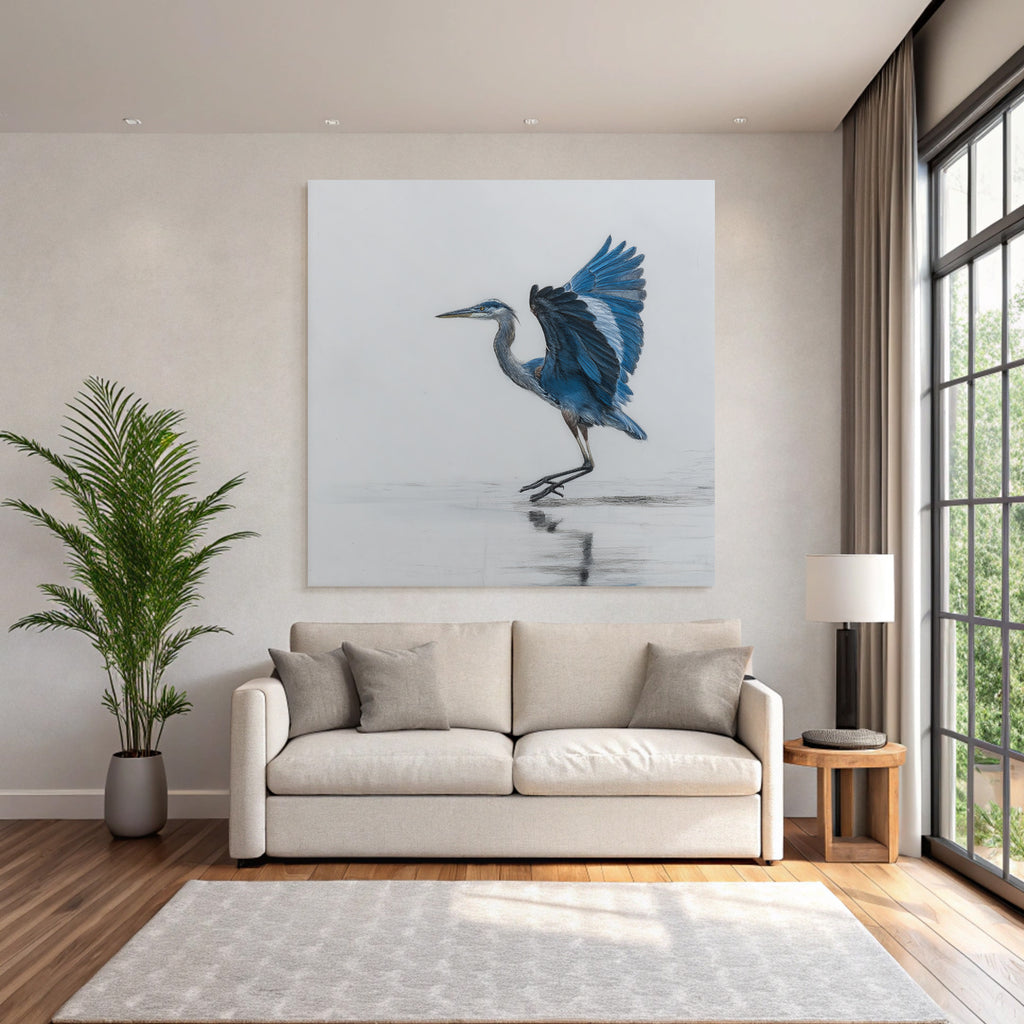 Heron In Graceful Pose Blü And Gray Background
