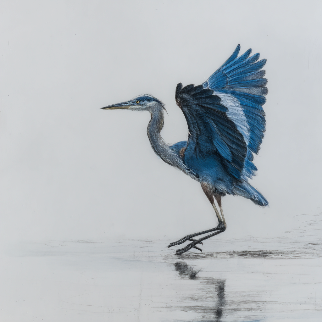 Heron In Graceful Pose Blü And Gray Background | Illustration und Zeichnung | Kunstgattungen