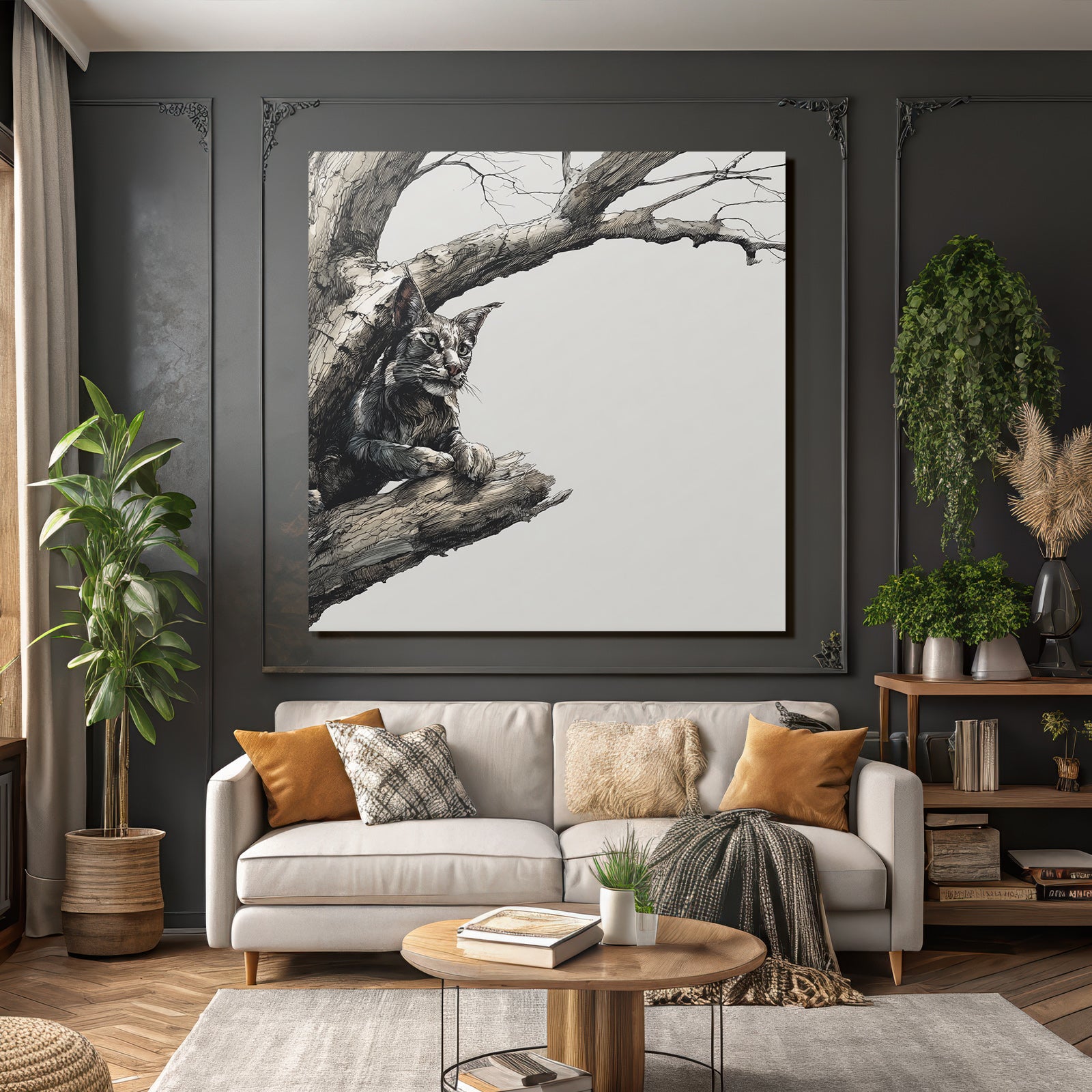 Katze Auf Baumast Nachdenklich Illustration