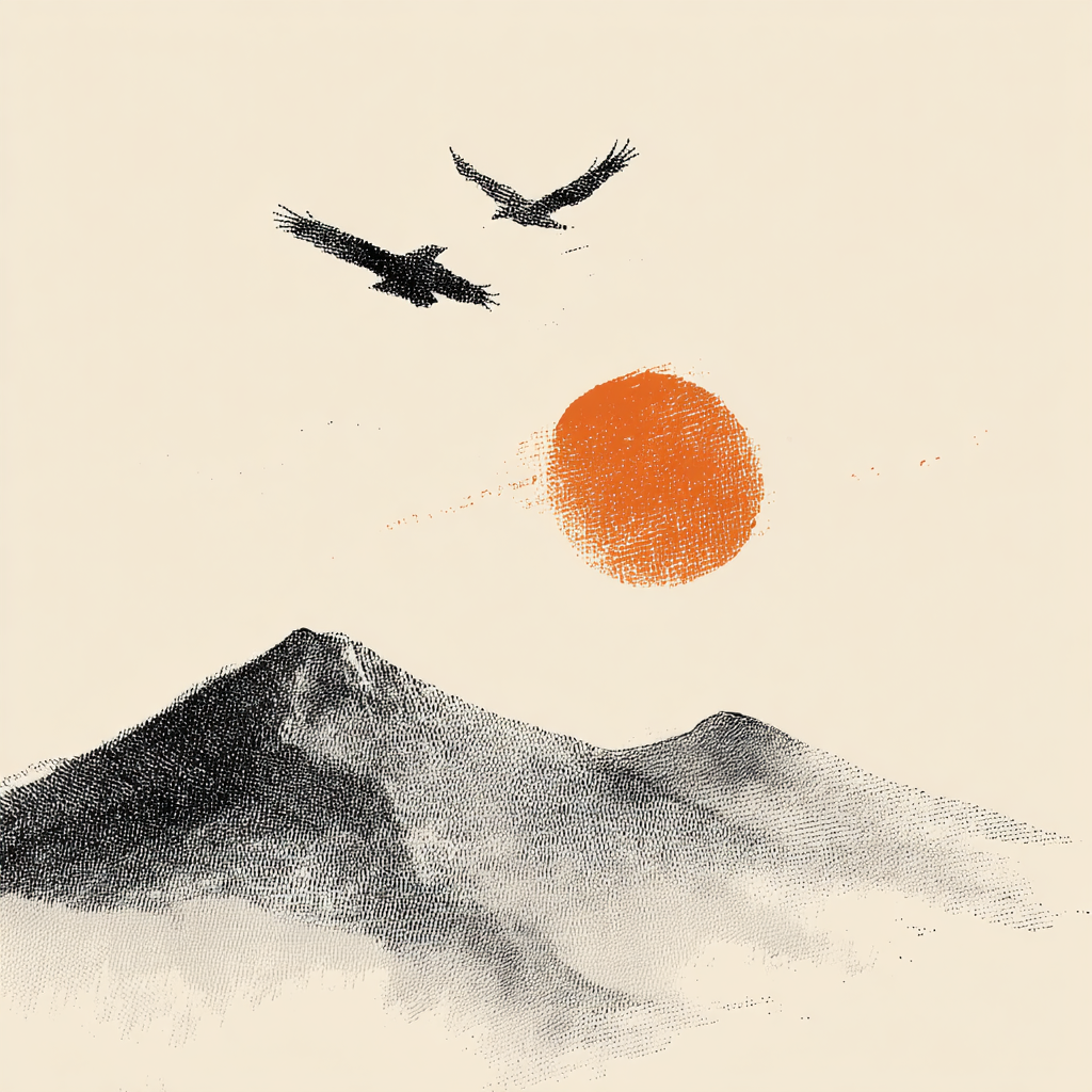 Künstlerische Landlandschaft Mit Bergen Vögeln Und Sonne | Illustration und Zeichnung | Kunstgattungen
