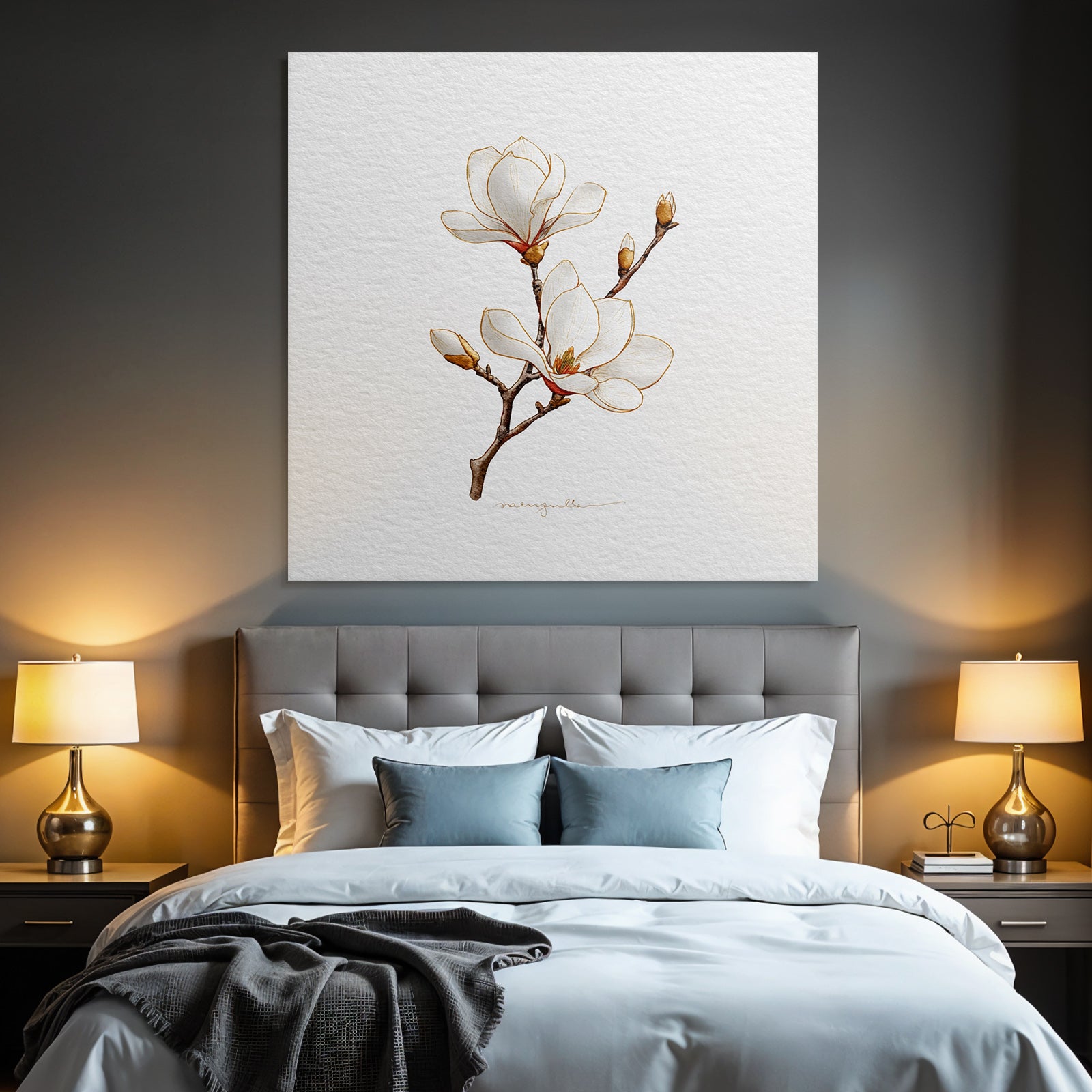 Magnolienblätter Weiße Blumen Mit Gelben Und Braunen Details Illustration