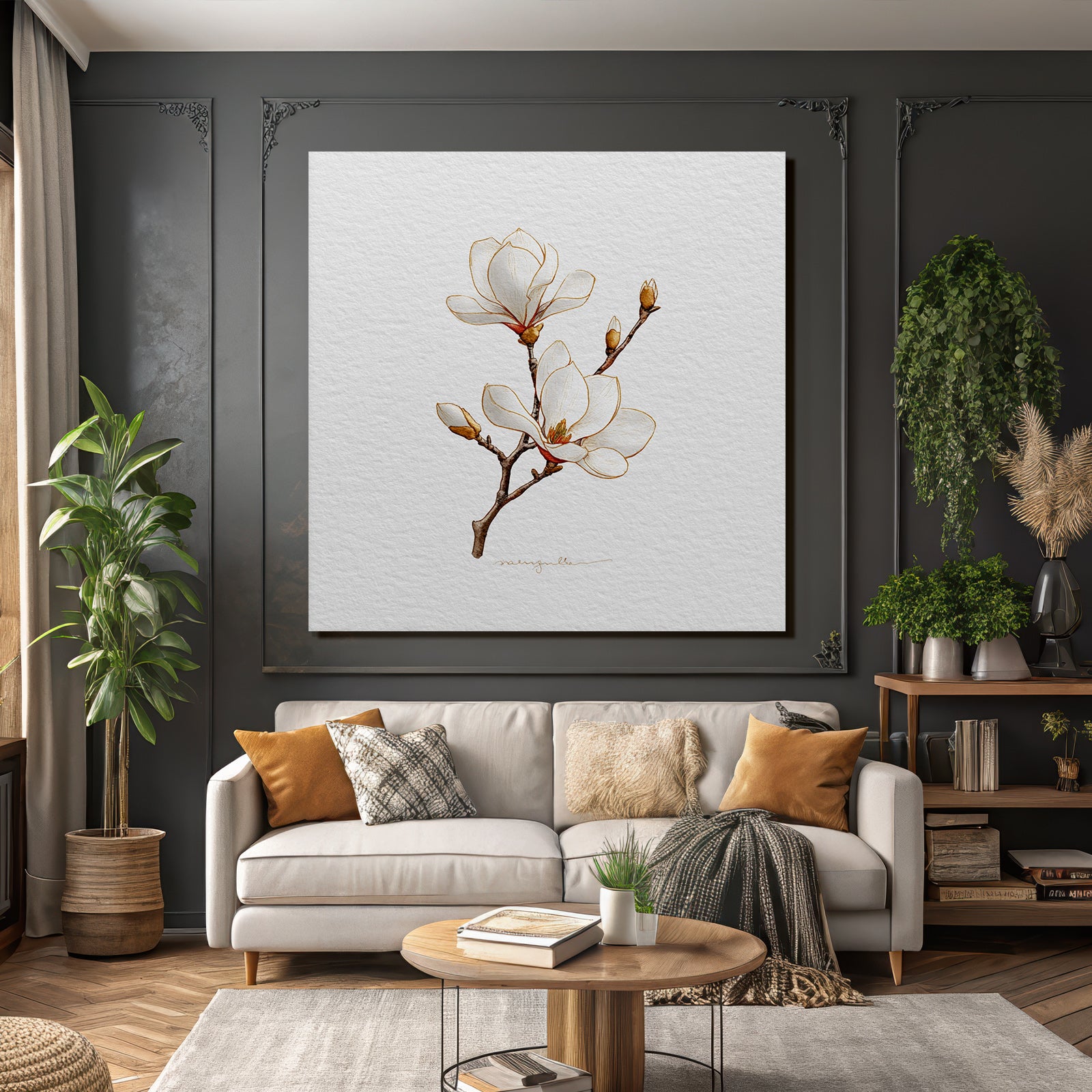 Magnolienblätter Weiße Blumen Mit Gelben Und Braunen Details Illustration
