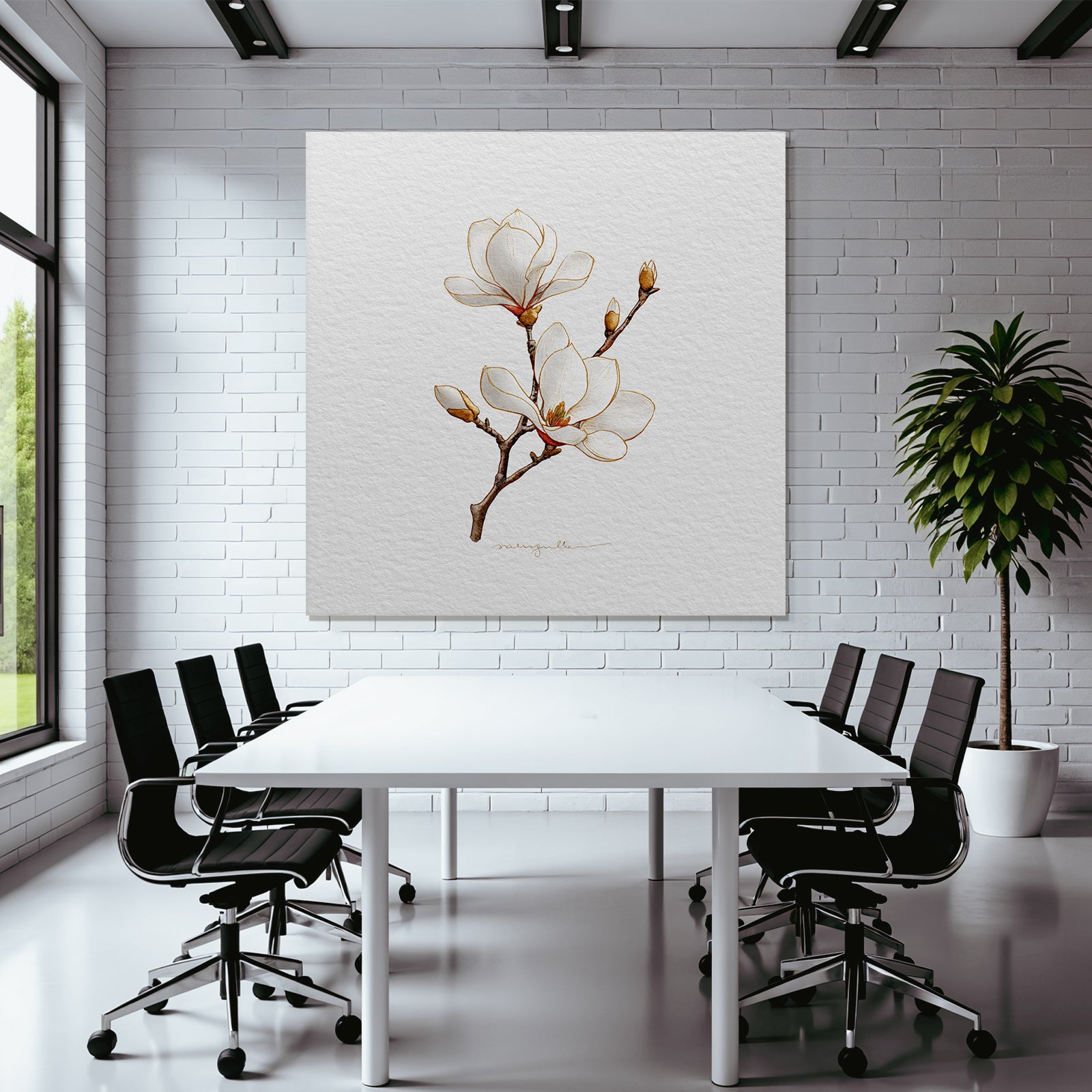 Magnolienblätter Weiße Blumen Mit Gelben Und Braunen Details Illustration