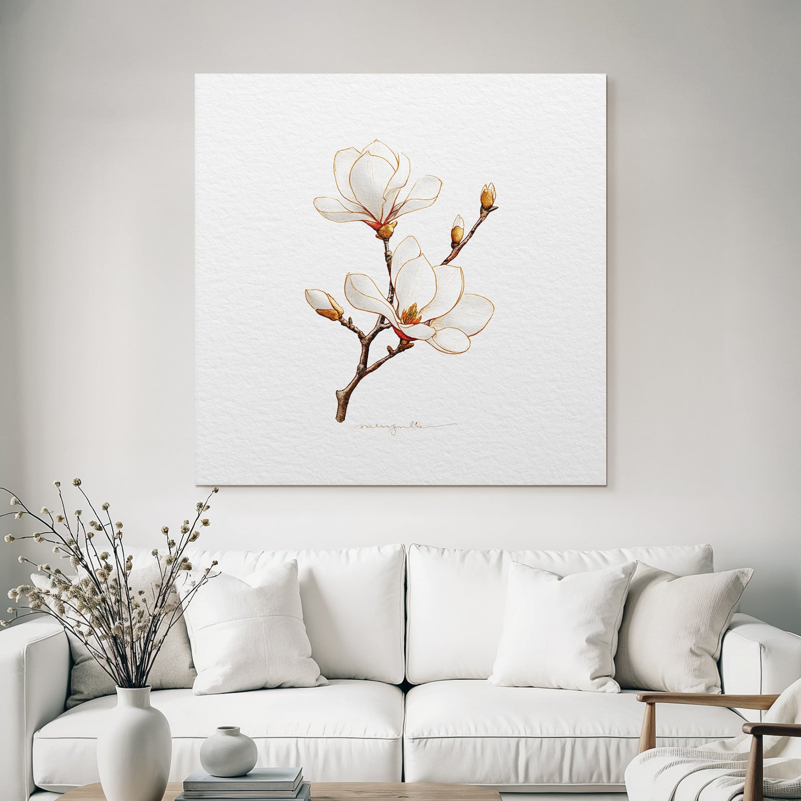 Magnolienblätter Weiße Blumen Mit Gelben Und Braunen Details Illustration