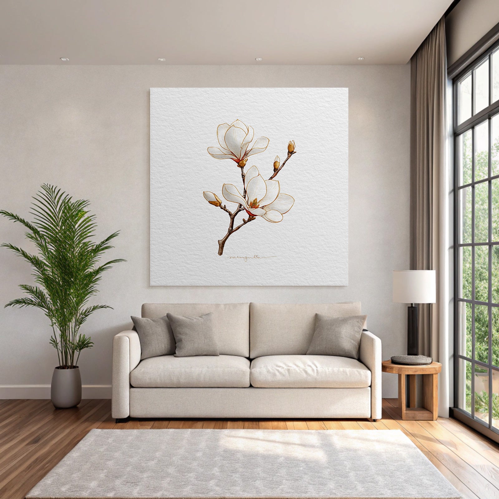 Magnolienblätter Weiße Blumen Mit Gelben Und Braunen Details Illustration