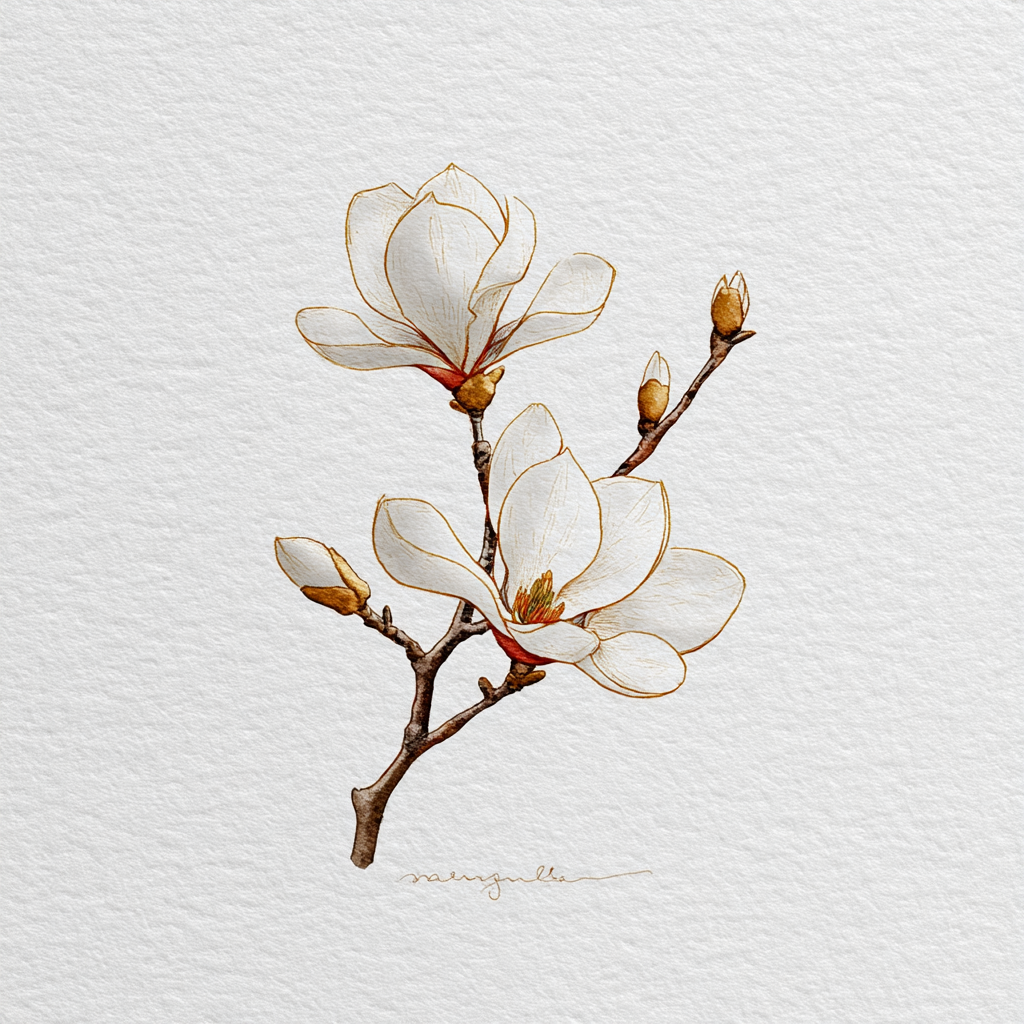 Magnolienblätter Weiße Blumen Mit Gelben Und Braunen Details Illustration | Illustration und Zeichnung | Kunstgattungen