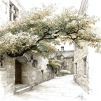 Quaint Street Scene Alte Stadt Straßenansicht Waßerfarbe Skizze | Illustration und Zeichnung | Kunstgattungen