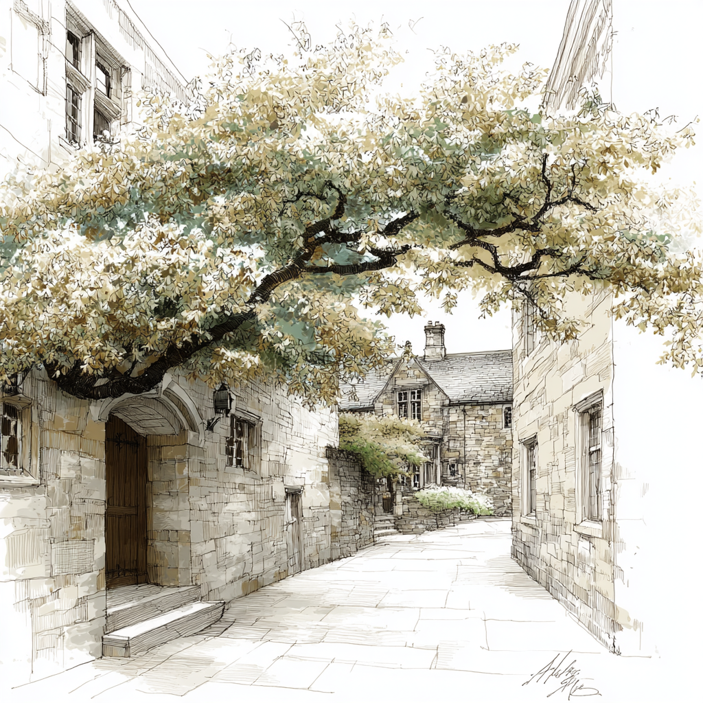 Quaint Street Scene Alte Stadt Straßenansicht Waßerfarbe Skizze | Illustration und Zeichnung | Kunstgattungen