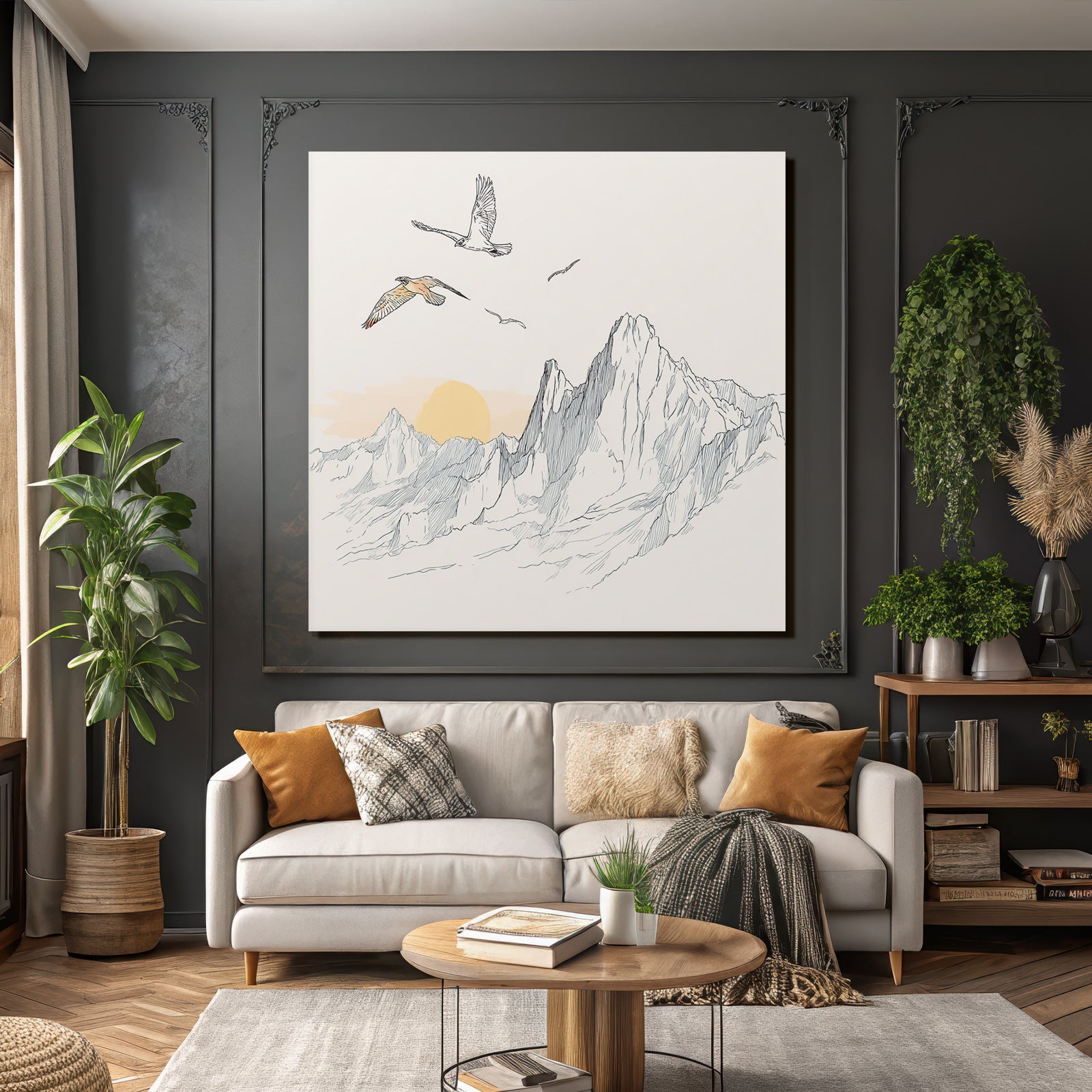 Ruhige Landschaft Mit Bergen Und Vögeln Im Flug