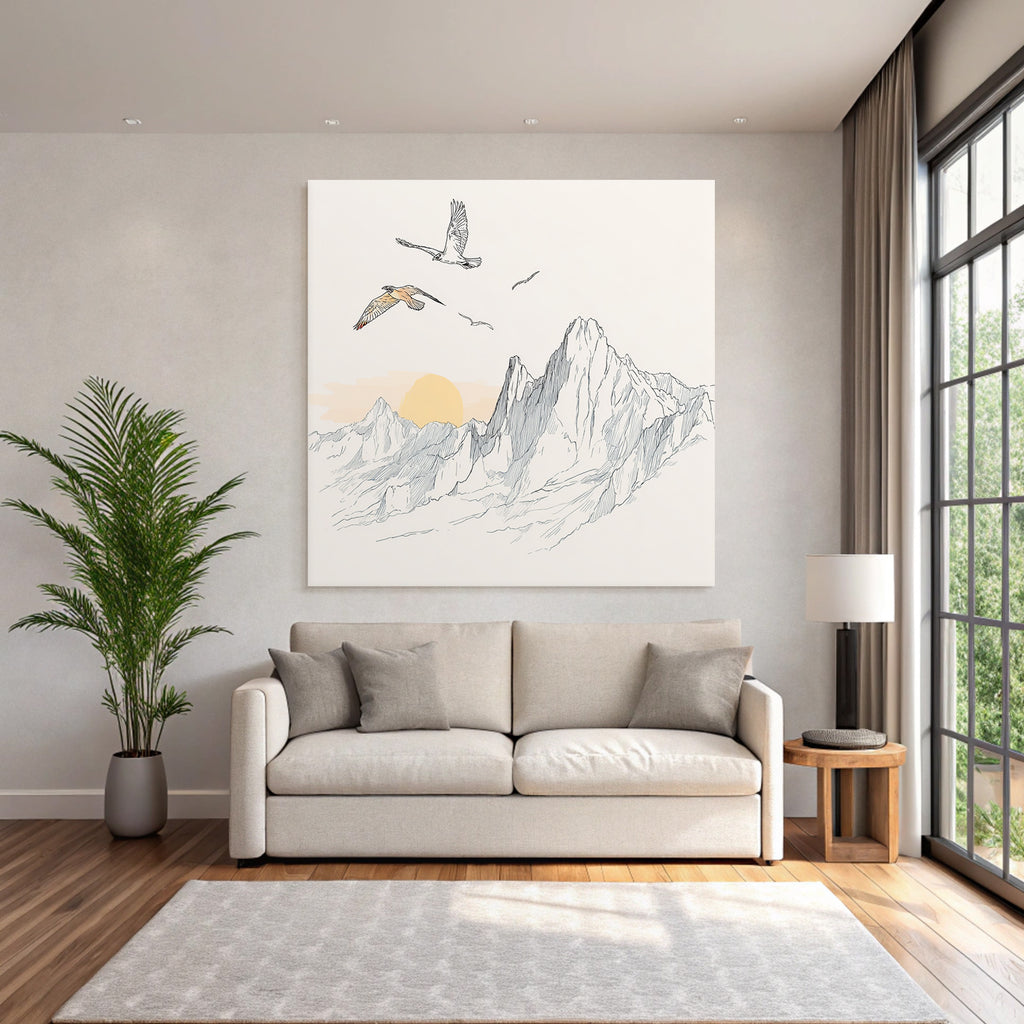 Ruhige Landschaft Mit Bergen Und Vögeln Im Flug