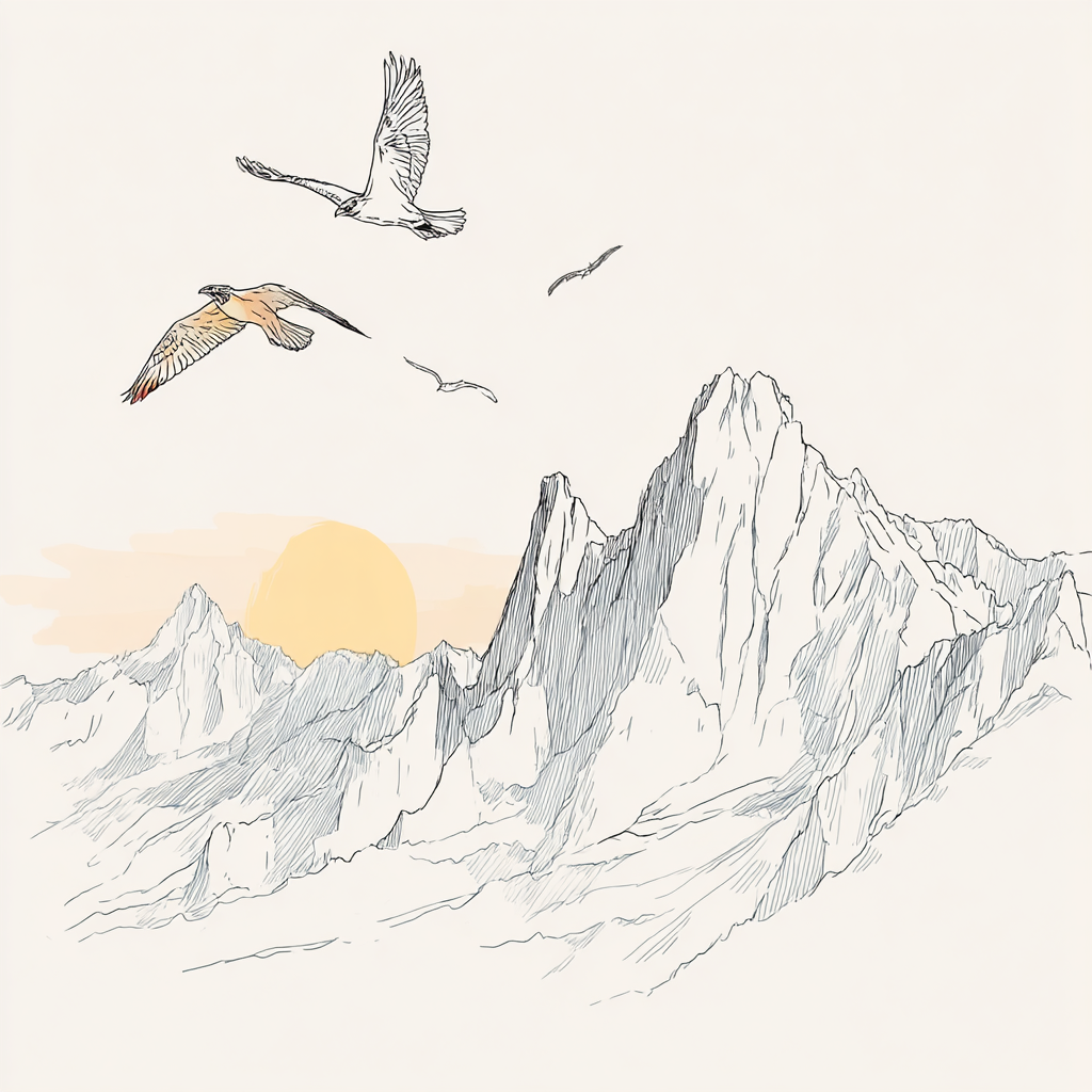 Ruhige Landschaft Mit Bergen Und Vögeln Im Flug | Illustration und Zeichnung | Kunstgattungen