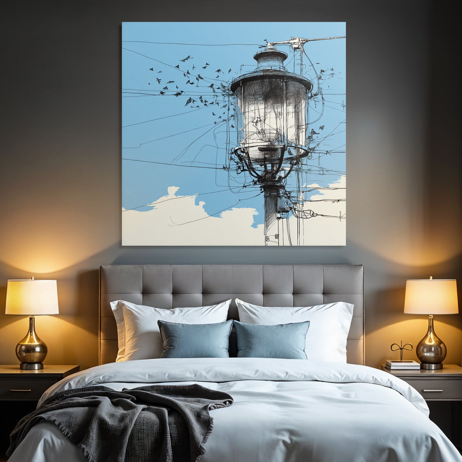Straßenlampe Vogel Silhoütten Blaür Himmel Kunstvolle Illustration