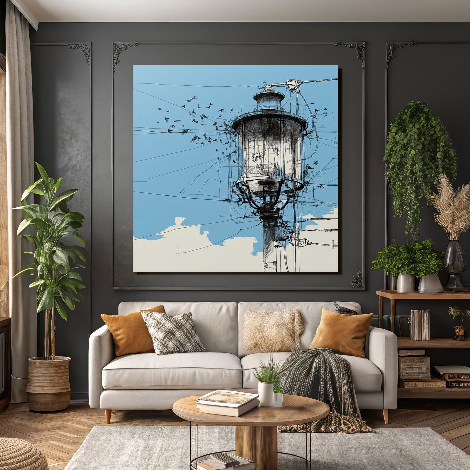 Straßenlampe Vogel Silhoütten Blaür Himmel Kunstvolle Illustration