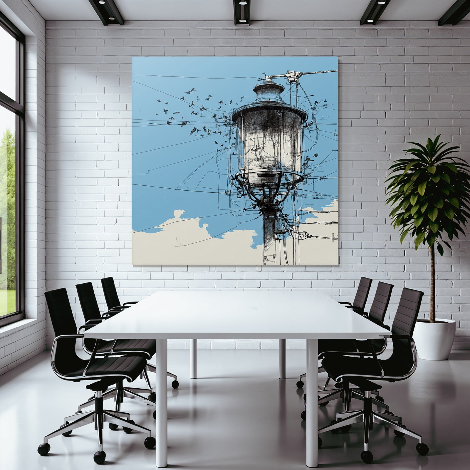 Straßenlampe Vogel Silhoütten Blaür Himmel Kunstvolle Illustration