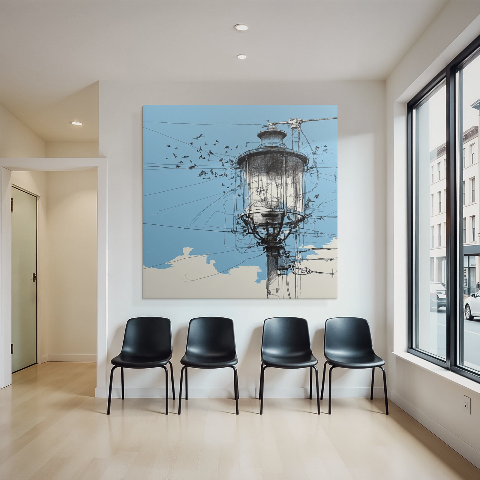 Straßenlampe Vogel Silhoütten Blaür Himmel Kunstvolle Illustration