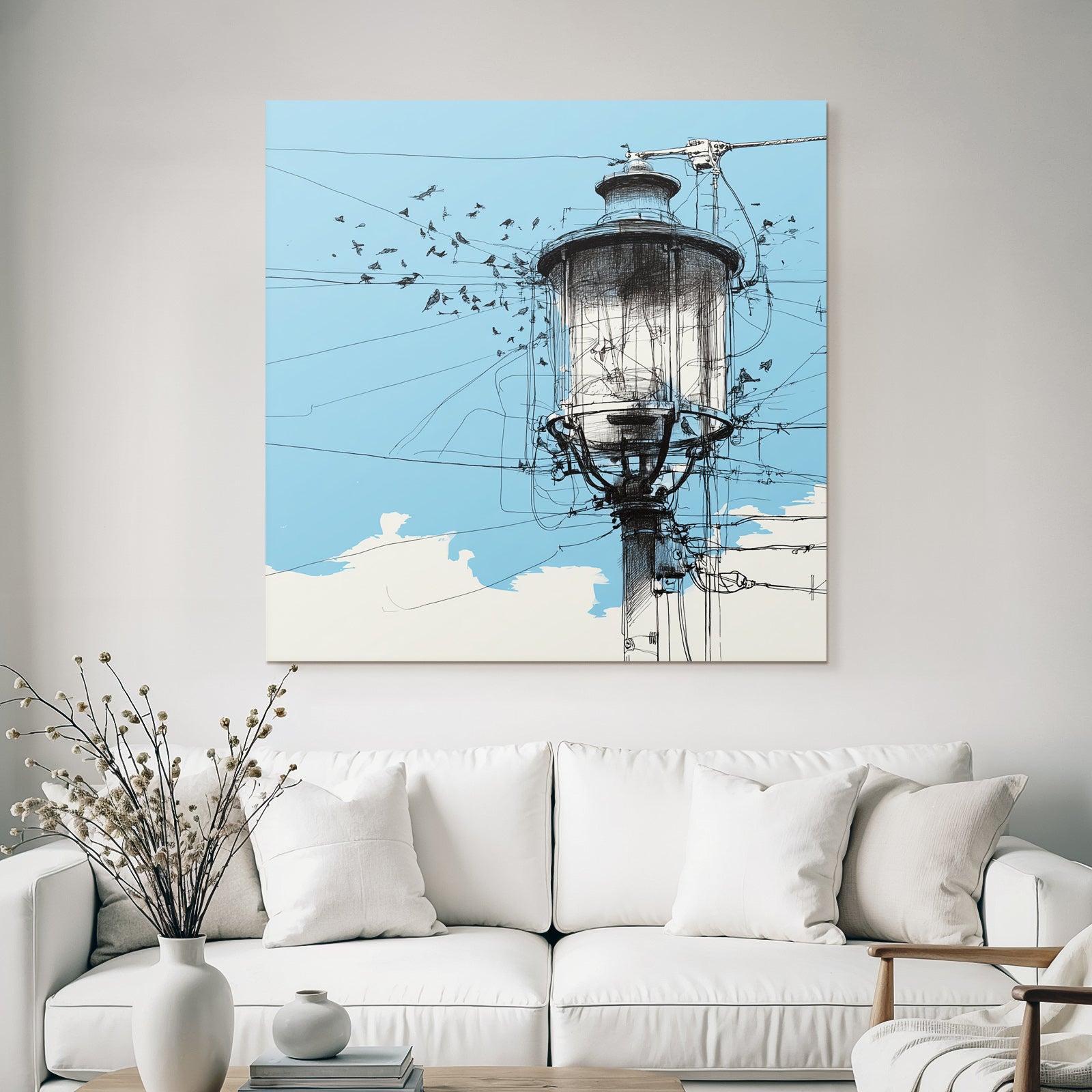 Straßenlampe Vogel Silhoütten Blaür Himmel Kunstvolle Illustration