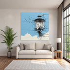 Straßenlampe Vogel Silhoütten Blaür Himmel Kunstvolle Illustration