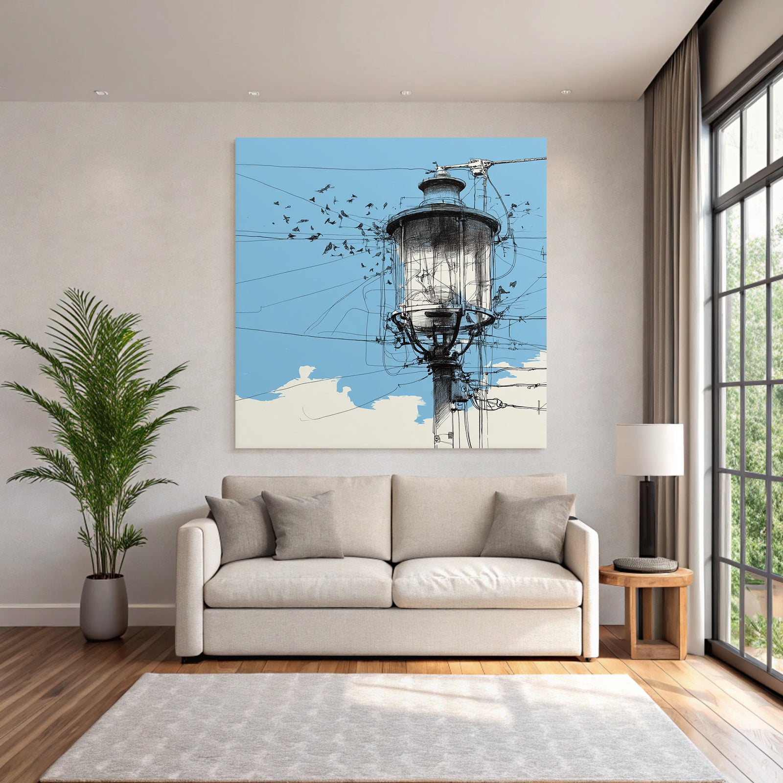Straßenlampe Vogel Silhoütten Blaür Himmel Kunstvolle Illustration
