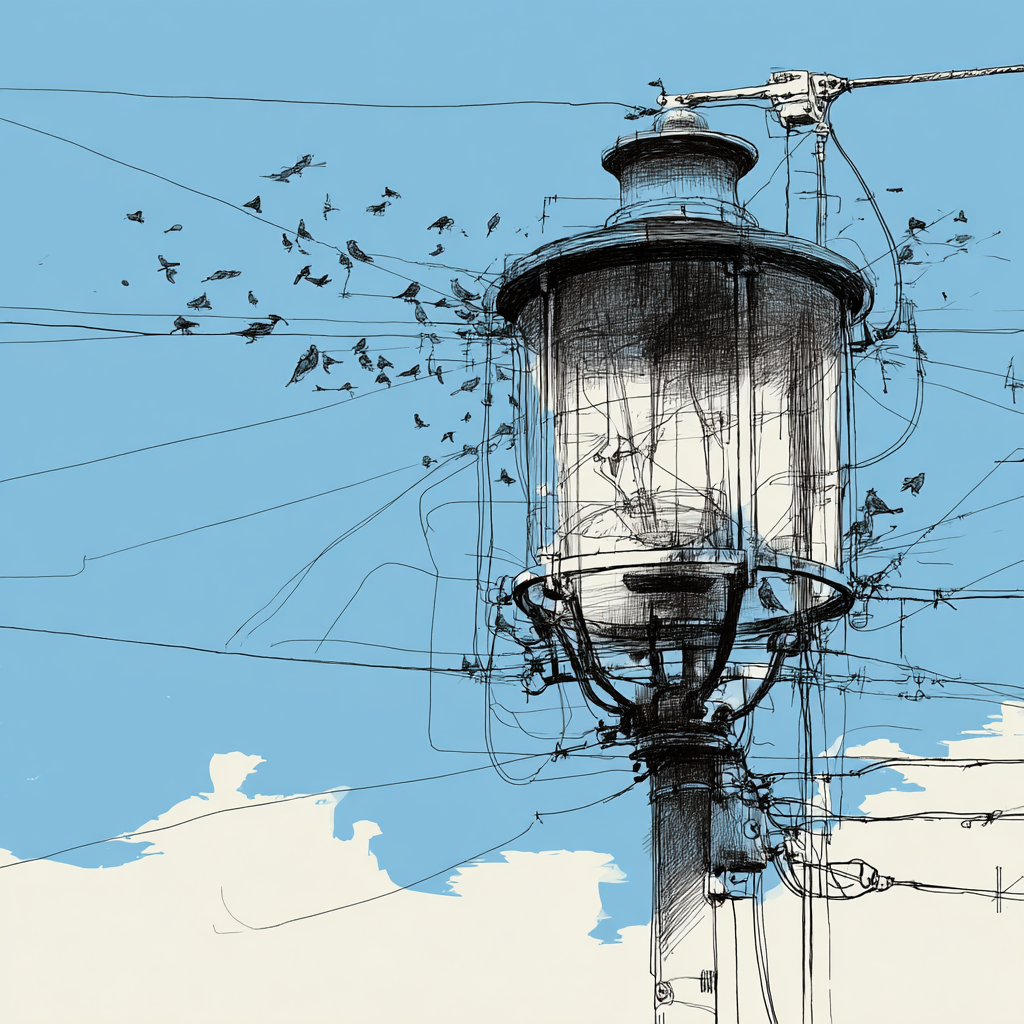 Straßenlampe Vogel Silhoütten Blaür Himmel Kunstvolle Illustration | Illustration und Zeichnung | Kunstgattungen