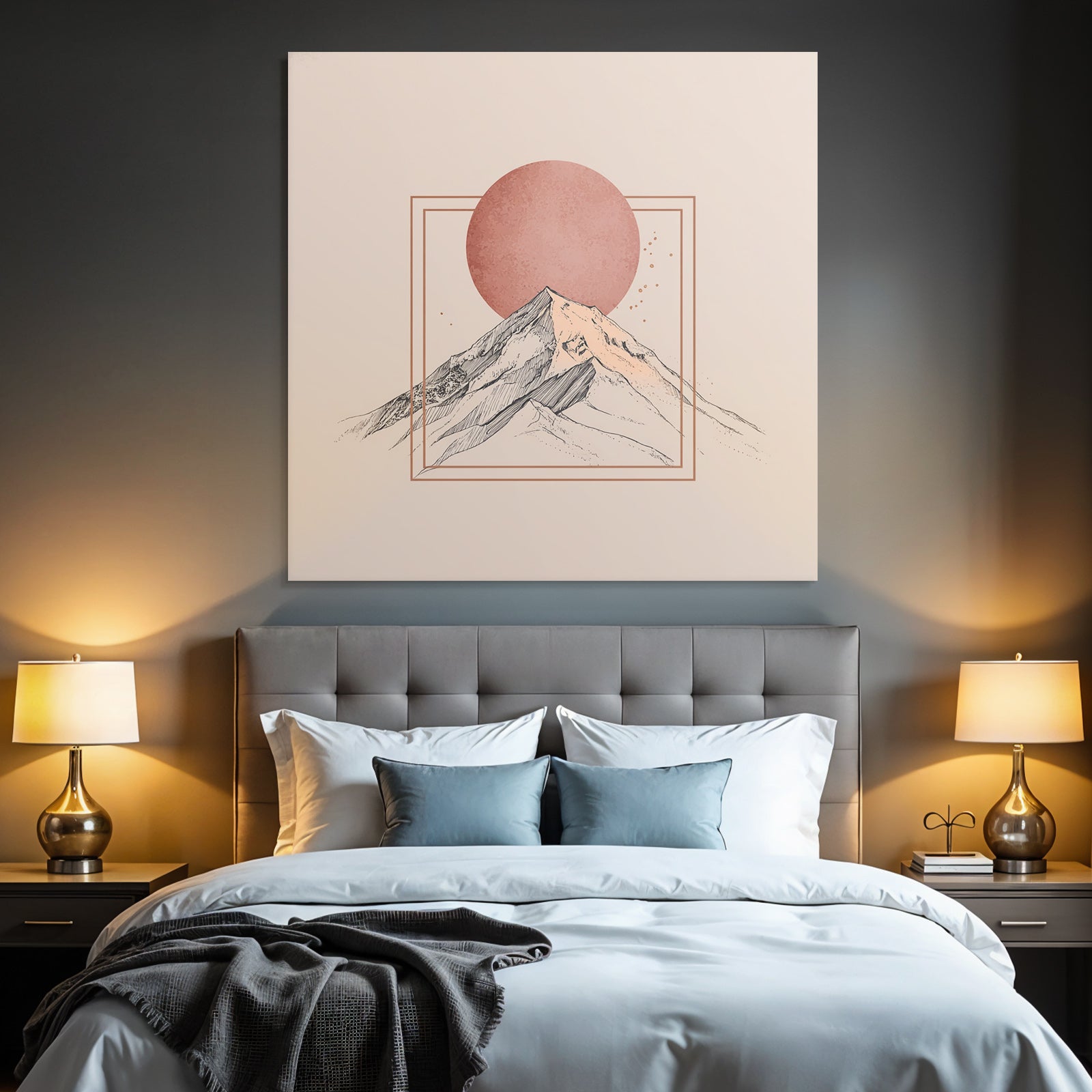 Stylisierte Illustration Von Bergen Mit Rundem Sonnenhintergrund