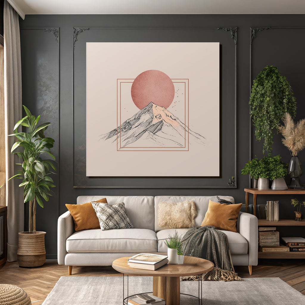 Stylisierte Illustration Von Bergen Mit Rundem Sonnenhintergrund