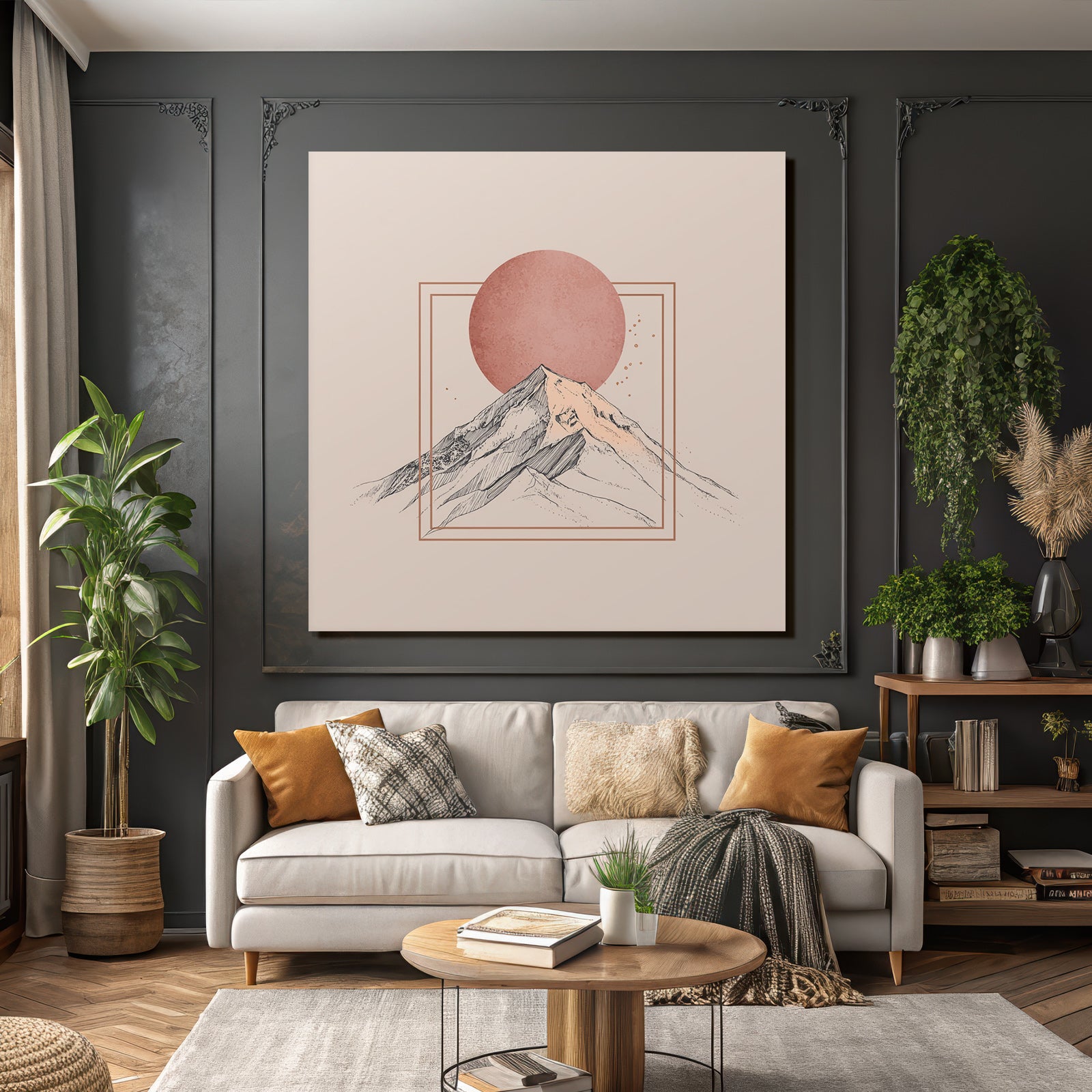 Stylisierte Illustration Von Bergen Mit Rundem Sonnenhintergrund