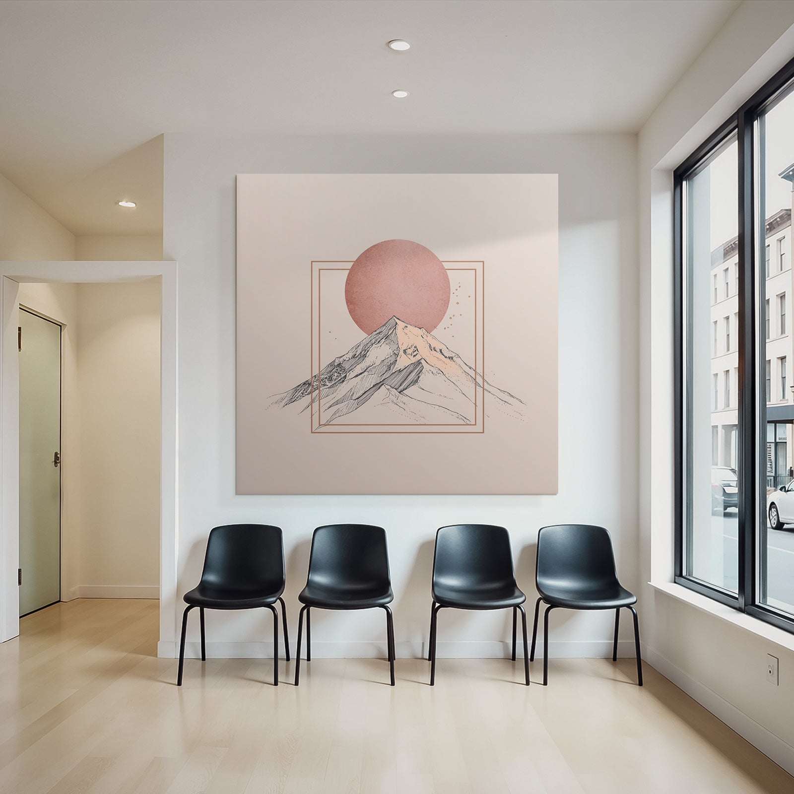 Stylisierte Illustration Von Bergen Mit Rundem Sonnenhintergrund