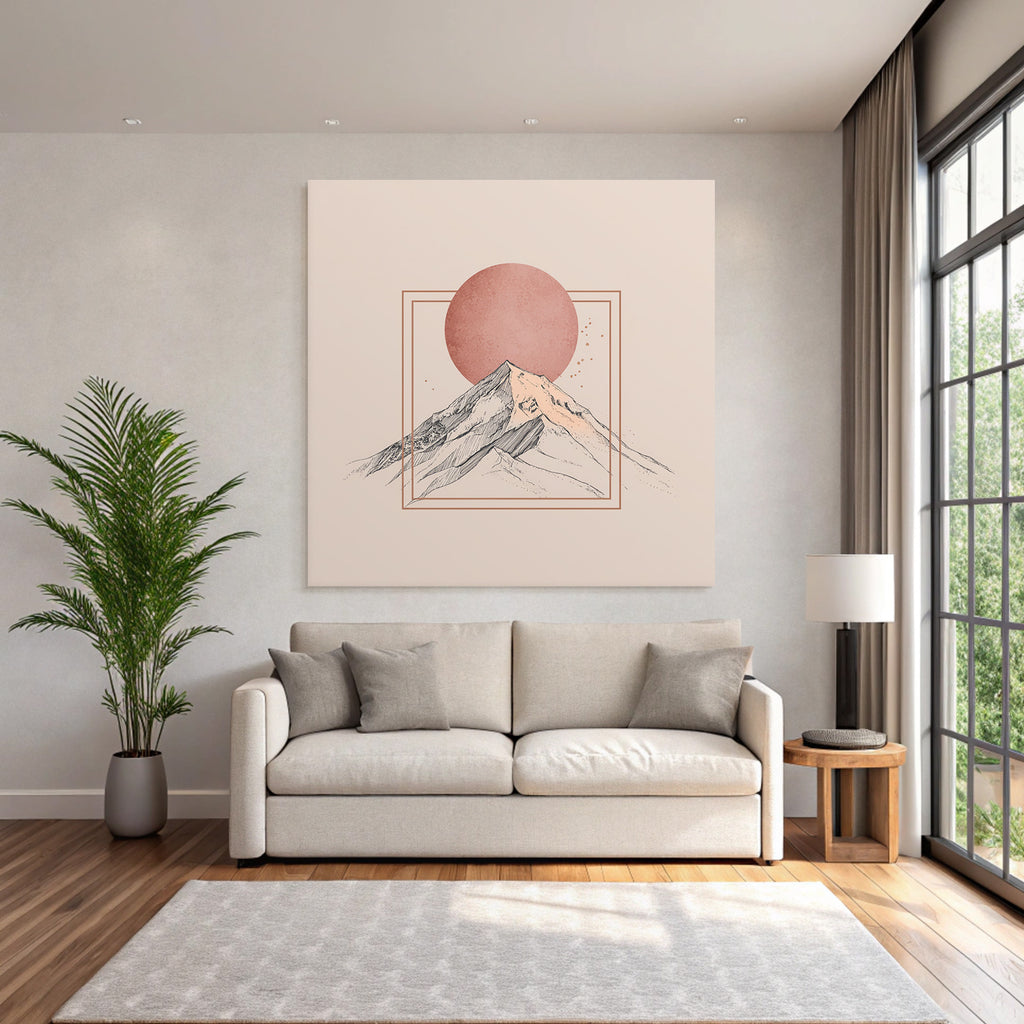 Stylisierte Illustration Von Bergen Mit Rundem Sonnenhintergrund