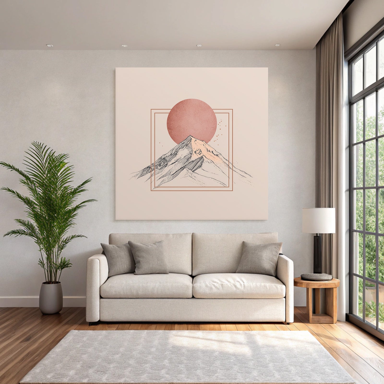 Stylisierte Illustration Von Bergen Mit Rundem Sonnenhintergrund