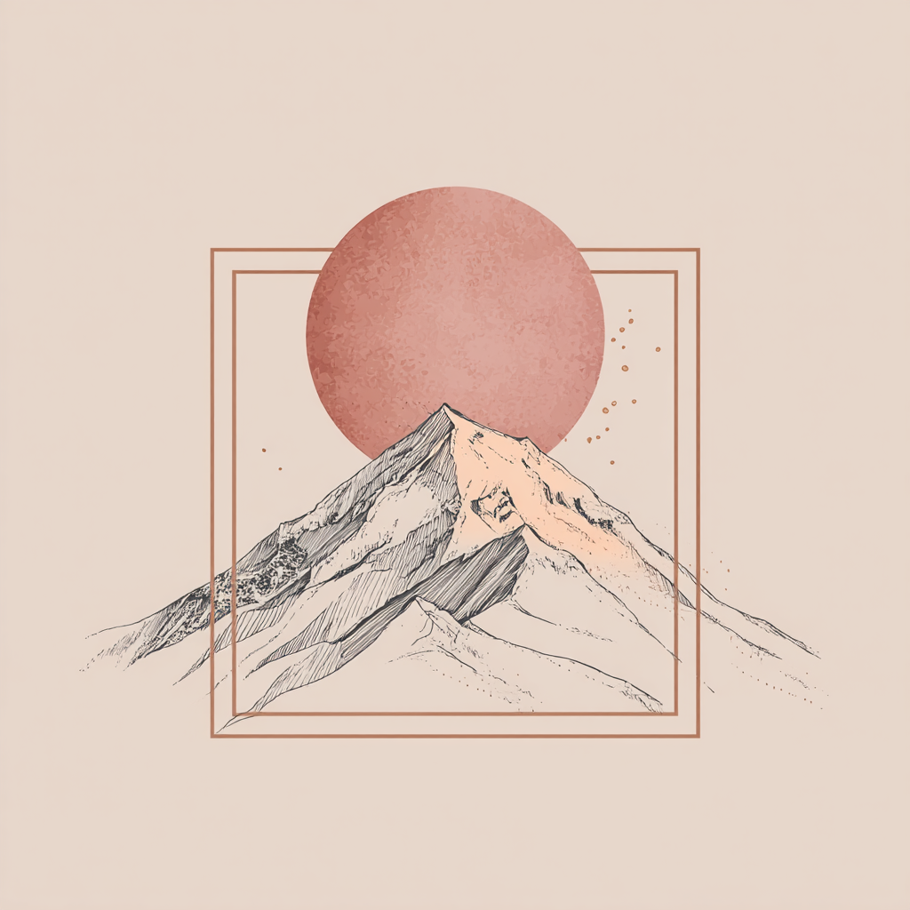 Stylisierte Illustration Von Bergen Mit Rundem Sonnenhintergrund | Illustration und Zeichnung | Kunstgattungen