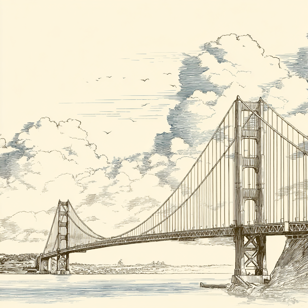 Suspensionsbrücke Illustration Vor Hintergrund Von Wolken | Illustration und Zeichnung | Kunstgattungen