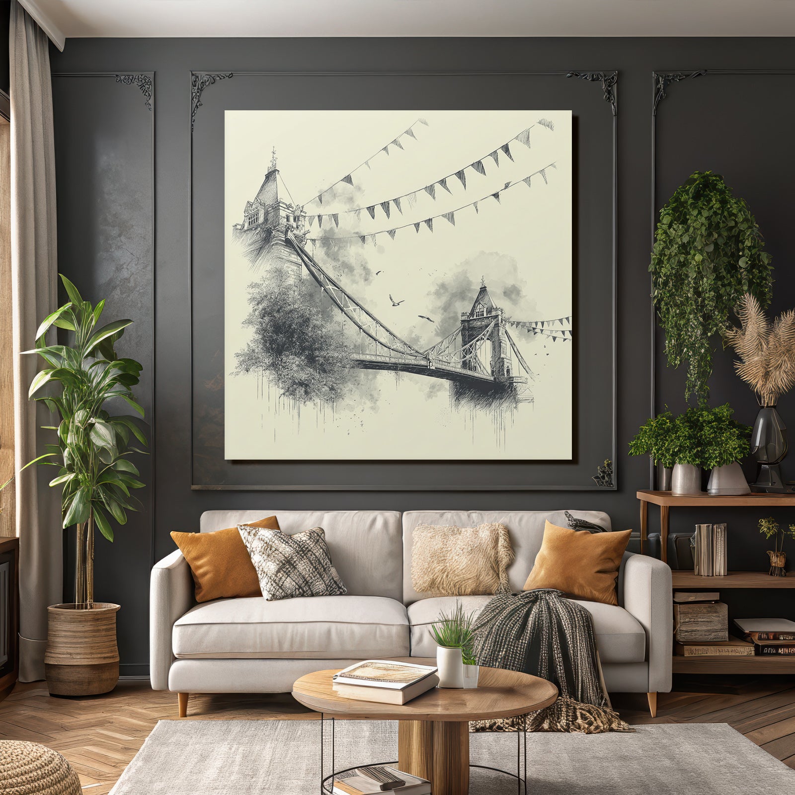 Thementbrücke Mit Buntflaggen Und Umgebender Natur Waßerfarbenstil