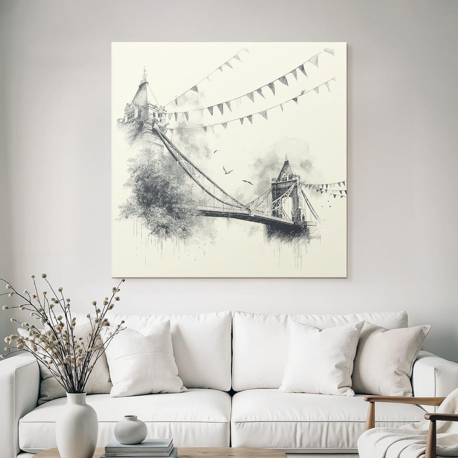 Thementbrücke Mit Buntflaggen Und Umgebender Natur Waßerfarbenstil