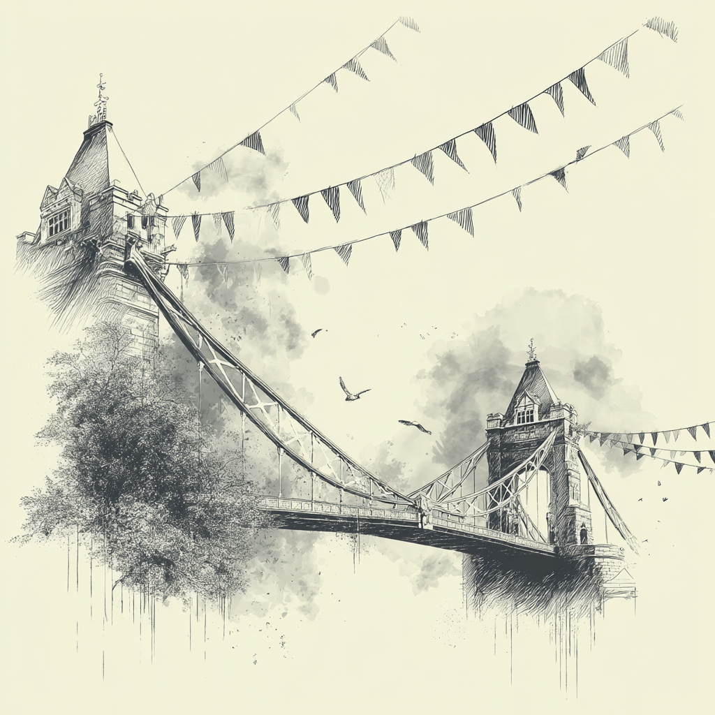 Thementbrücke Mit Buntflaggen Und Umgebender Natur Waßerfarbenstil | Illustration und Zeichnung | Kunstgattungen
