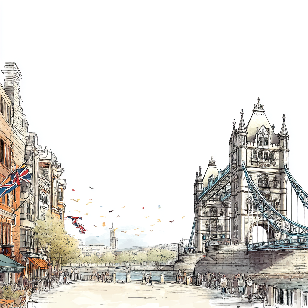Tower Bridge London Stadtansicht Sonniger Tag Mit Leuten | Illustration und Zeichnung | Kunstgattungen