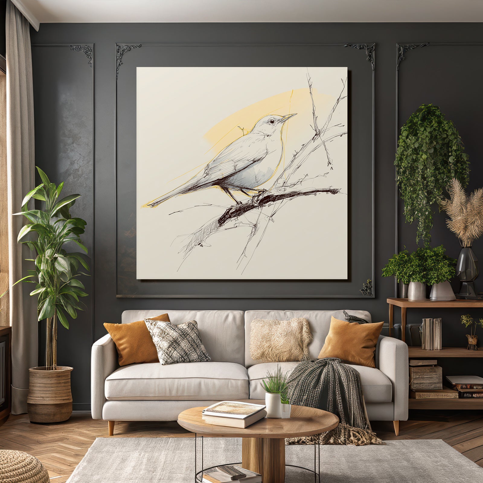 Vogel Auf Einem Ast Skizze Minimalistisch Farbgebung