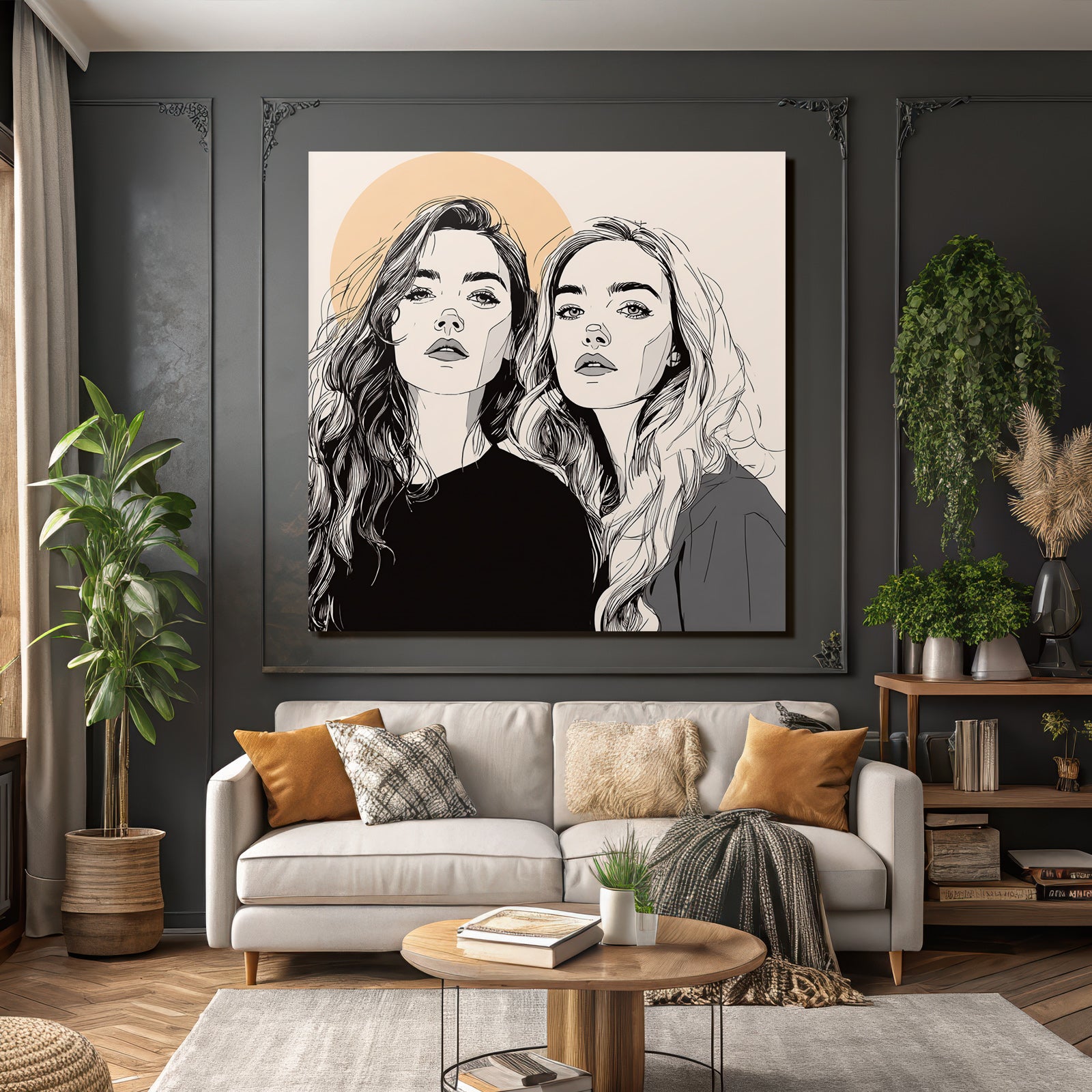 Zwei Fraün Long Hair Kreißymbol Linienkunst Minimalistisch