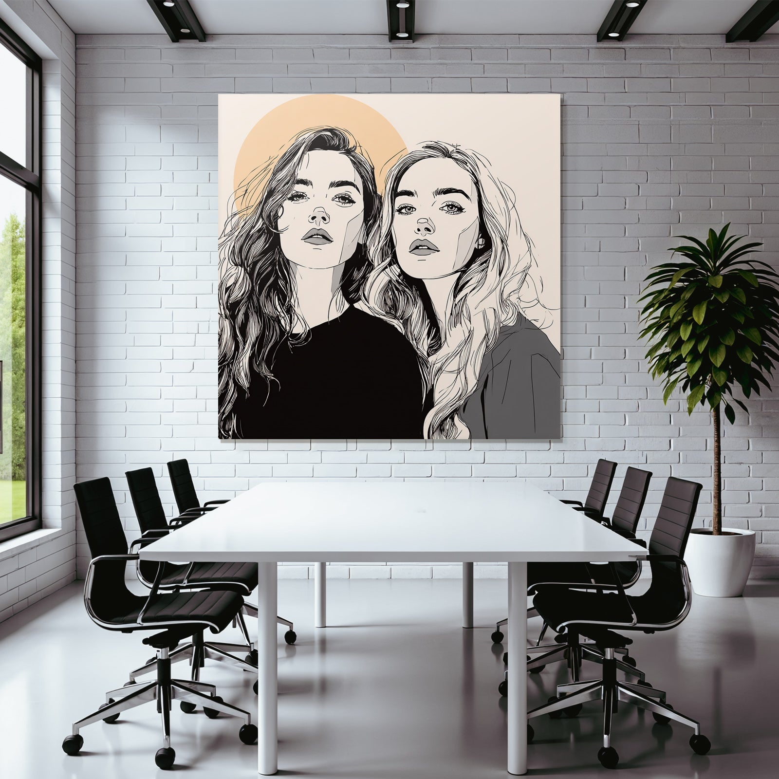 Zwei Fraün Long Hair Kreißymbol Linienkunst Minimalistisch