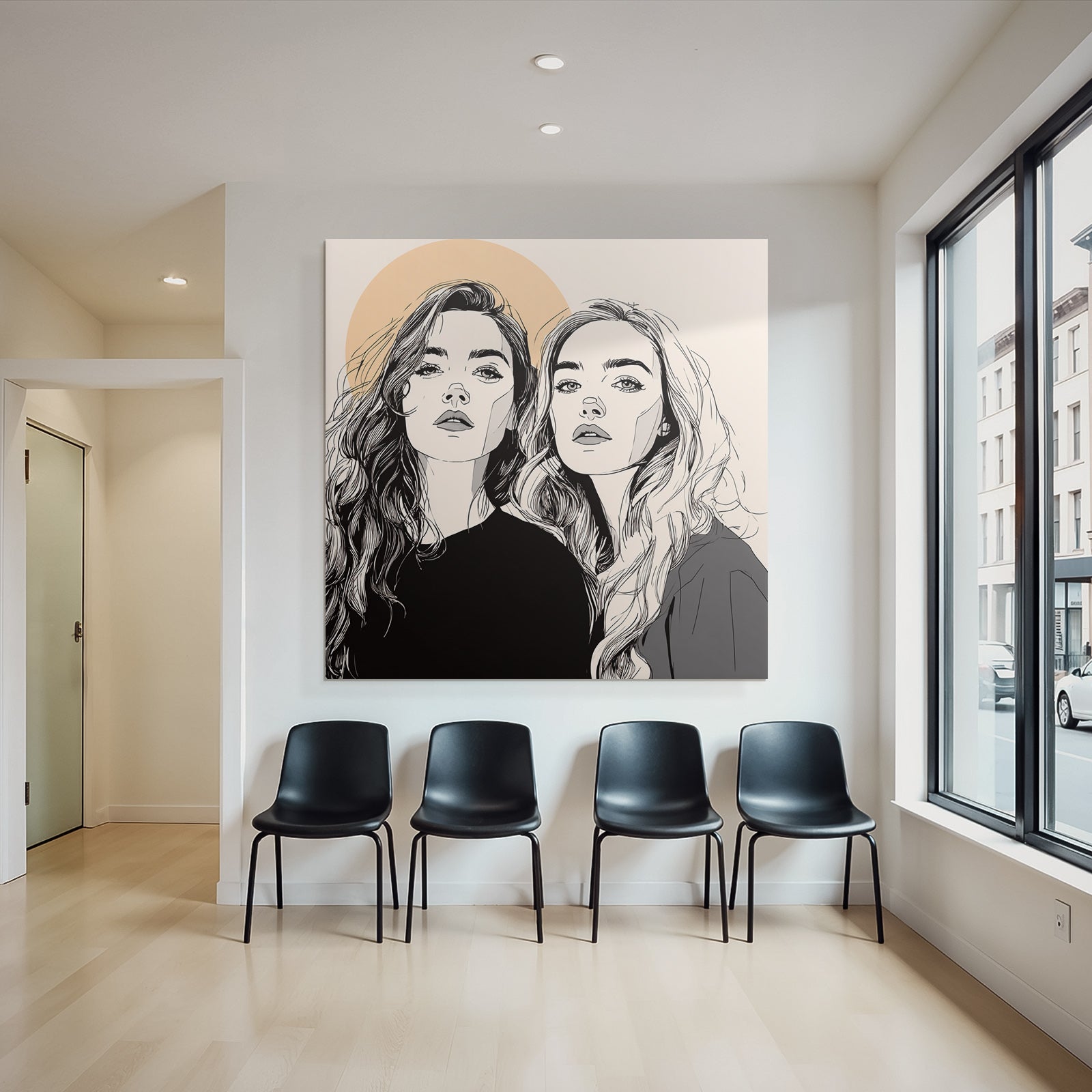 Zwei Fraün Long Hair Kreißymbol Linienkunst Minimalistisch