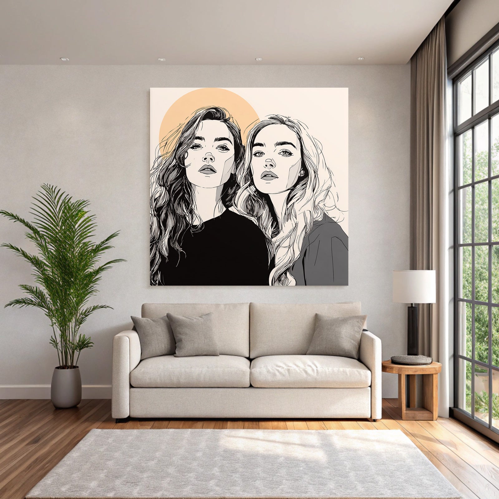 Zwei Fraün Long Hair Kreißymbol Linienkunst Minimalistisch
