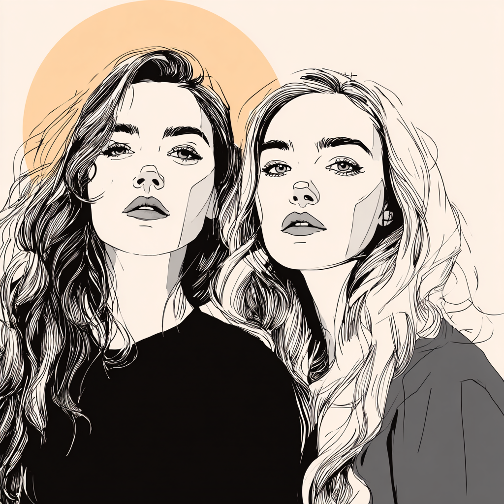 Zwei Fraün Long Hair Kreißymbol Linienkunst Minimalistisch | Illustration und Zeichnung | Kunstgattungen