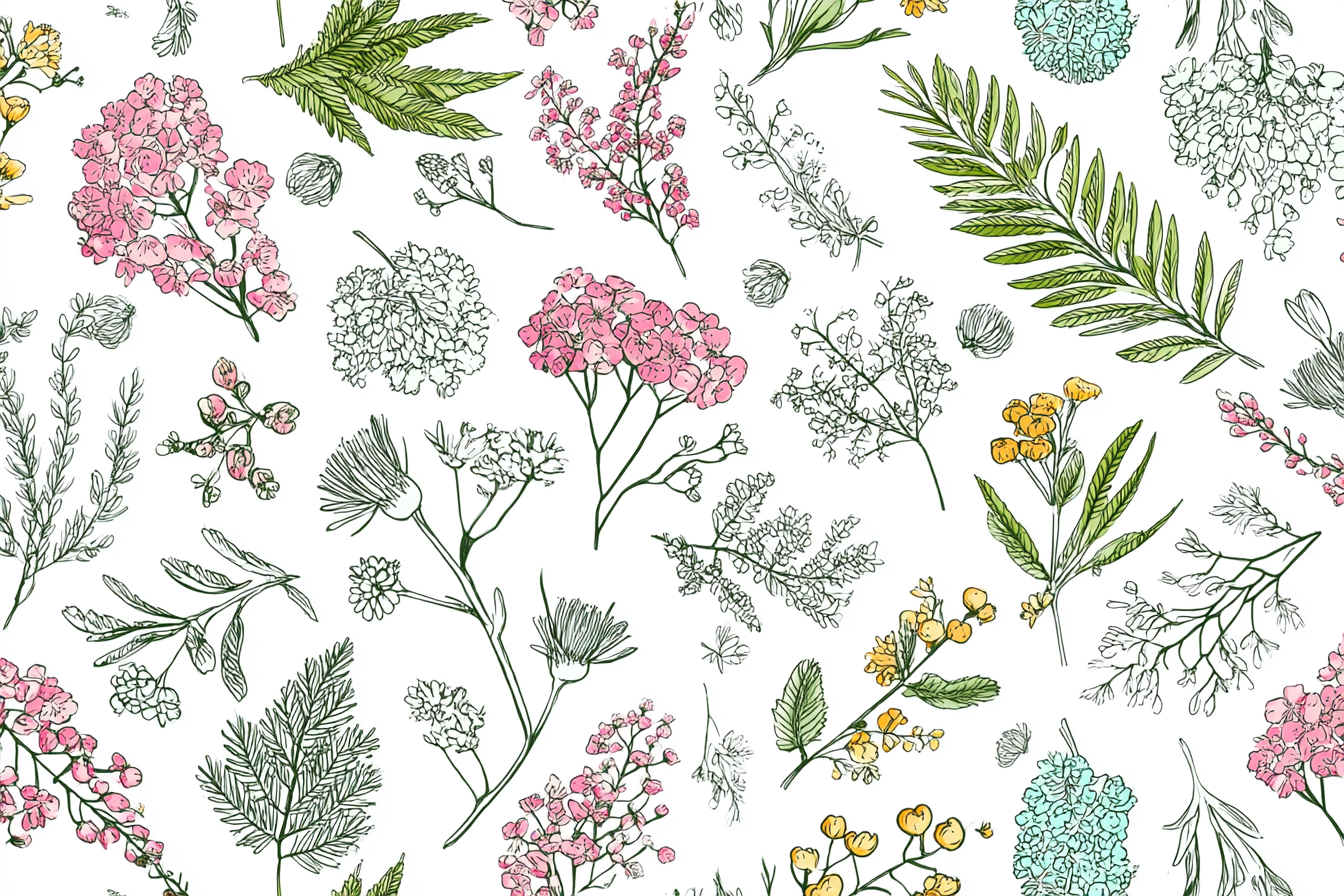 Blumenillustrationen Rosa Gelb Blau Muster Hintergrund Weiß | Illustration und Zeichnung | Kunstgattungen