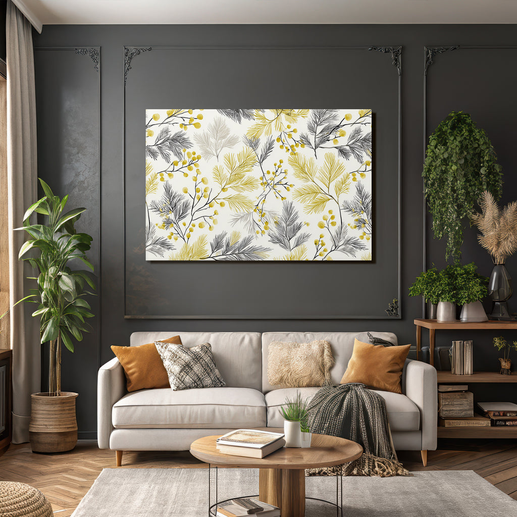Botanisches Muster Von Foliage In Schwarz Und Gelb Ästhetik Handgezeichnet