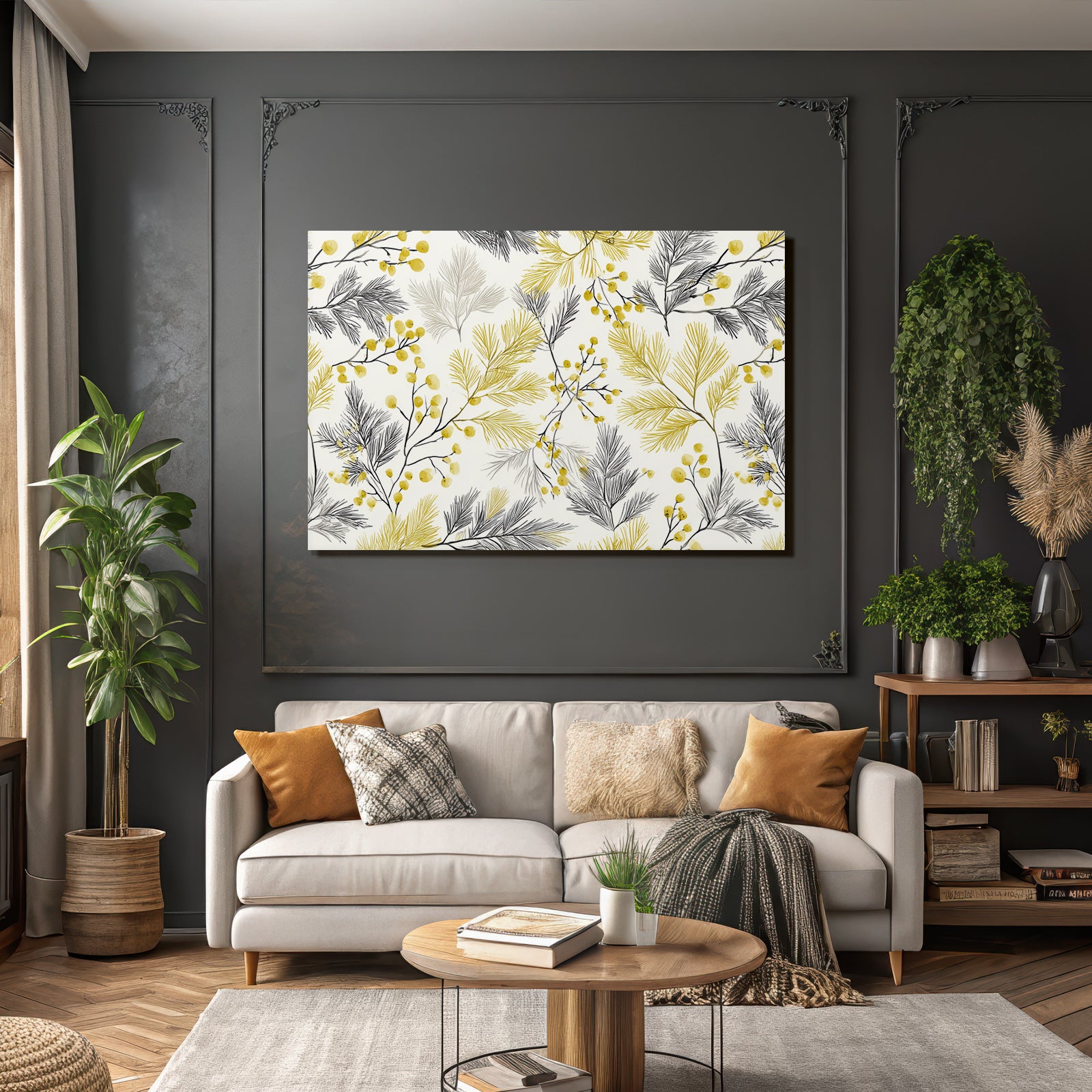 Botanisches Muster Von Foliage In Schwarz Und Gelb Ästhetik Handgezeichnet