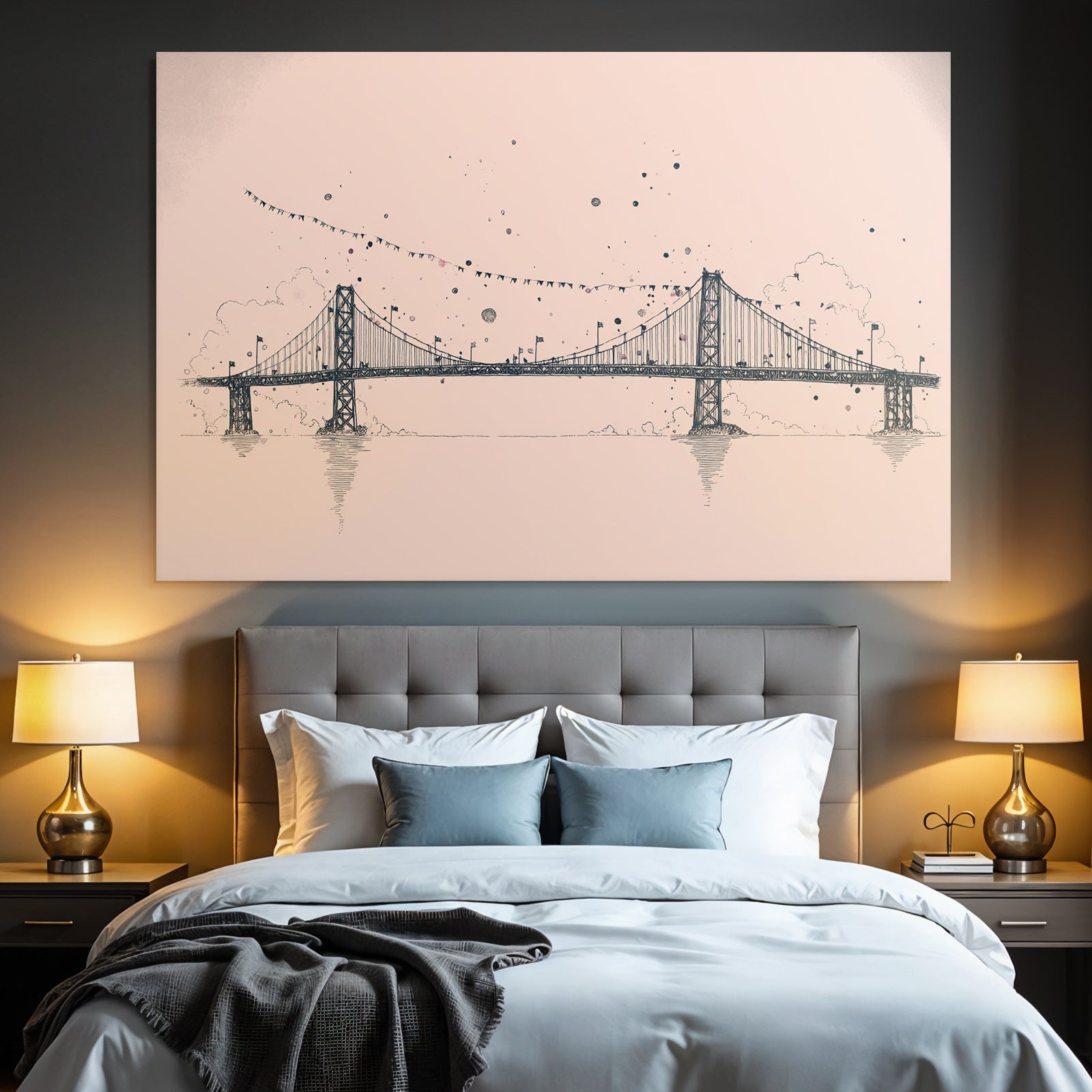 Brücke Kunstvolle Illustration Mit Wolken Fahnen Und Farbklecksen