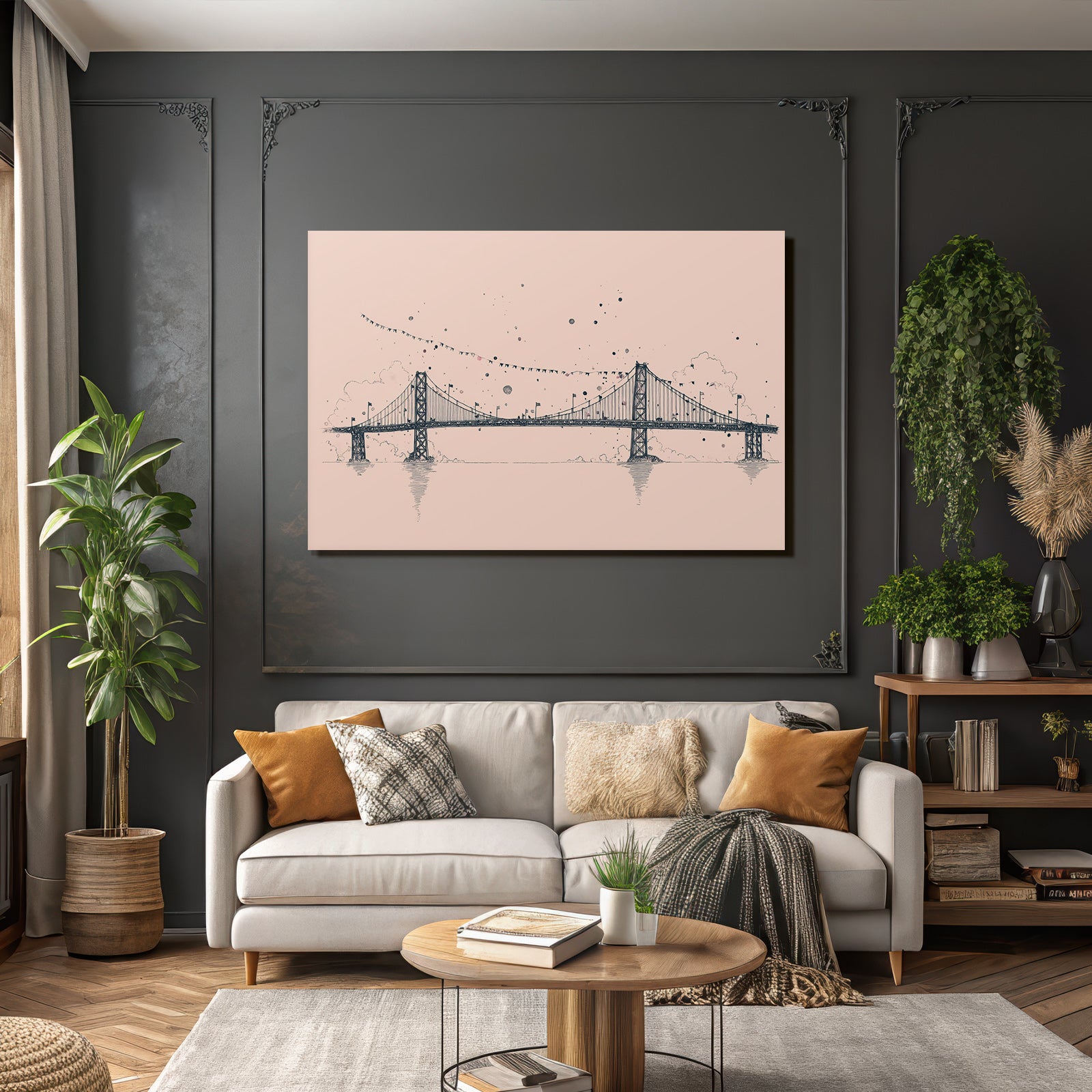 Brücke Kunstvolle Illustration Mit Wolken Fahnen Und Farbklecksen
