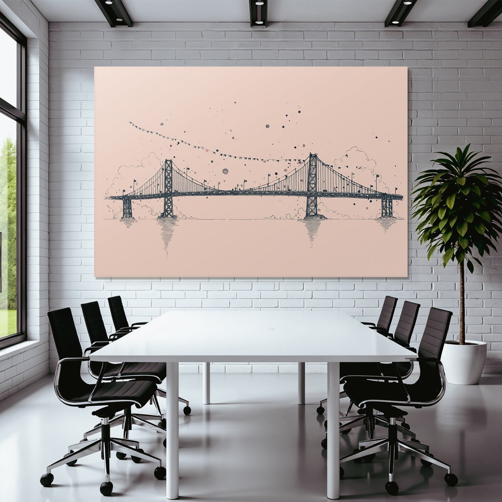 Brücke Kunstvolle Illustration Mit Wolken Fahnen Und Farbklecksen